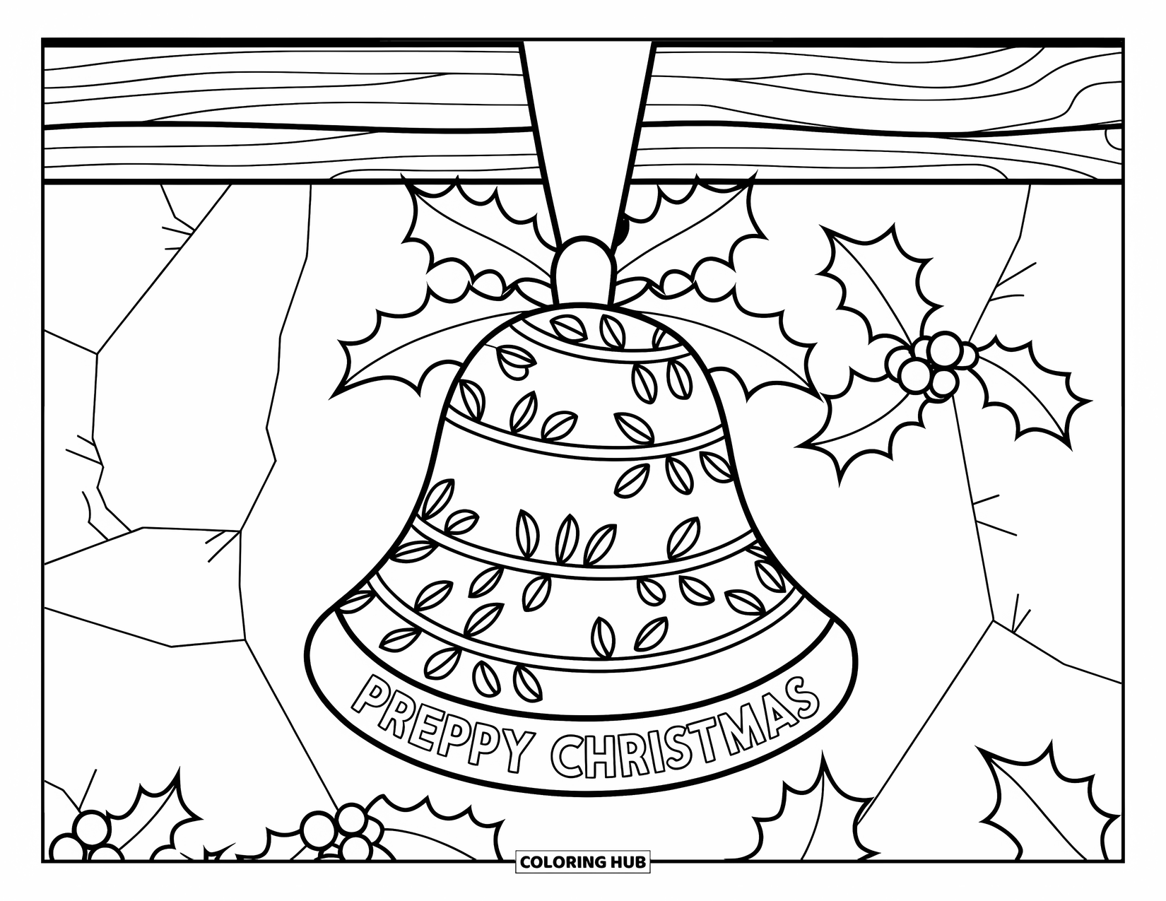 Preppy Christmas Coloring Page for Adults: A bell wrapped in holly vines hangs over a festive holiday scene