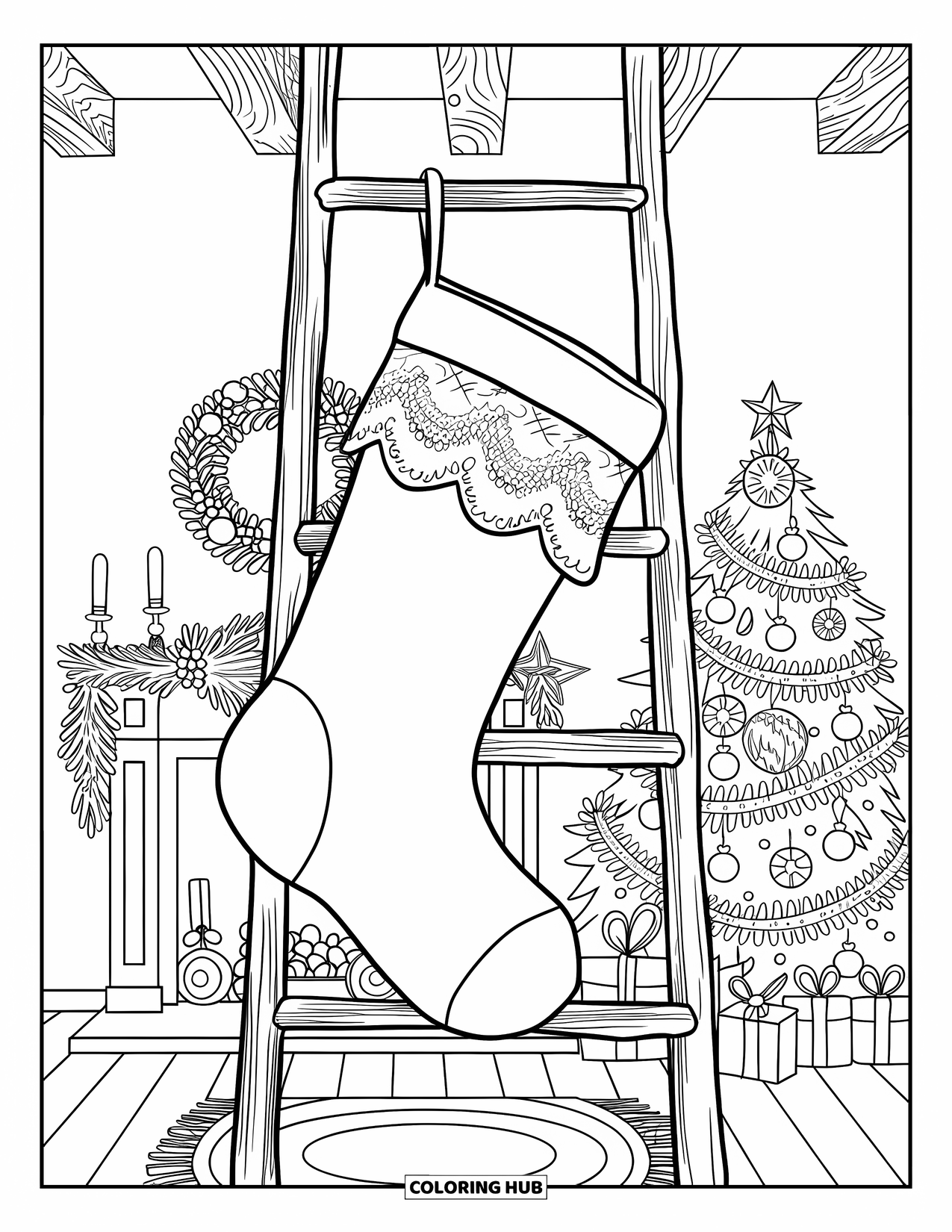 Preppy Christmas Coloring Page for Adults: A cozy room with stockings and wreaths invites you to relax by the fire
