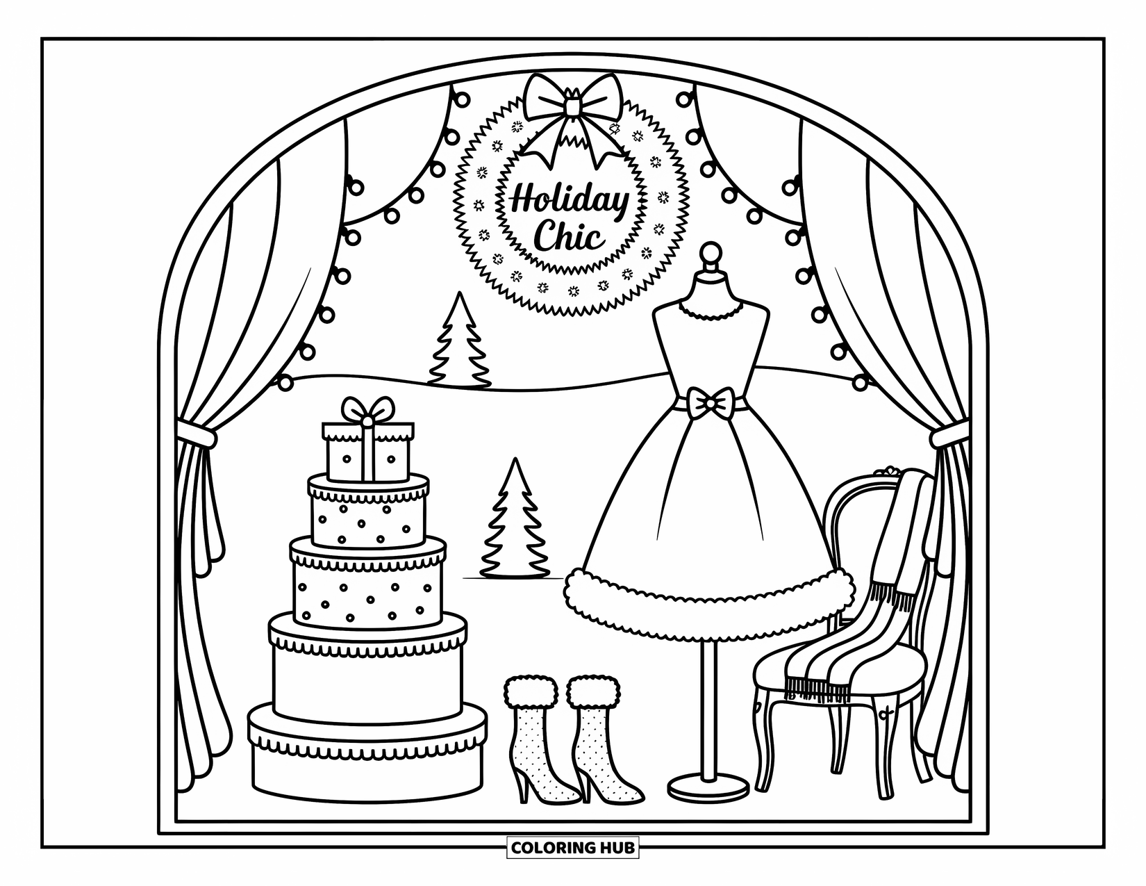 Preppy Christmas Coloring Page for Adults: A cozy storefront shows winter fashion, boots, and a wreath that reads ìHoliday Chic.î