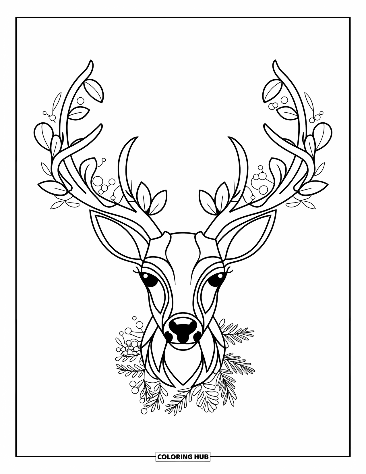 Preppy Christmas Coloring Page for Adults: A deer head with fancy antlers wears a festive Christmas garland