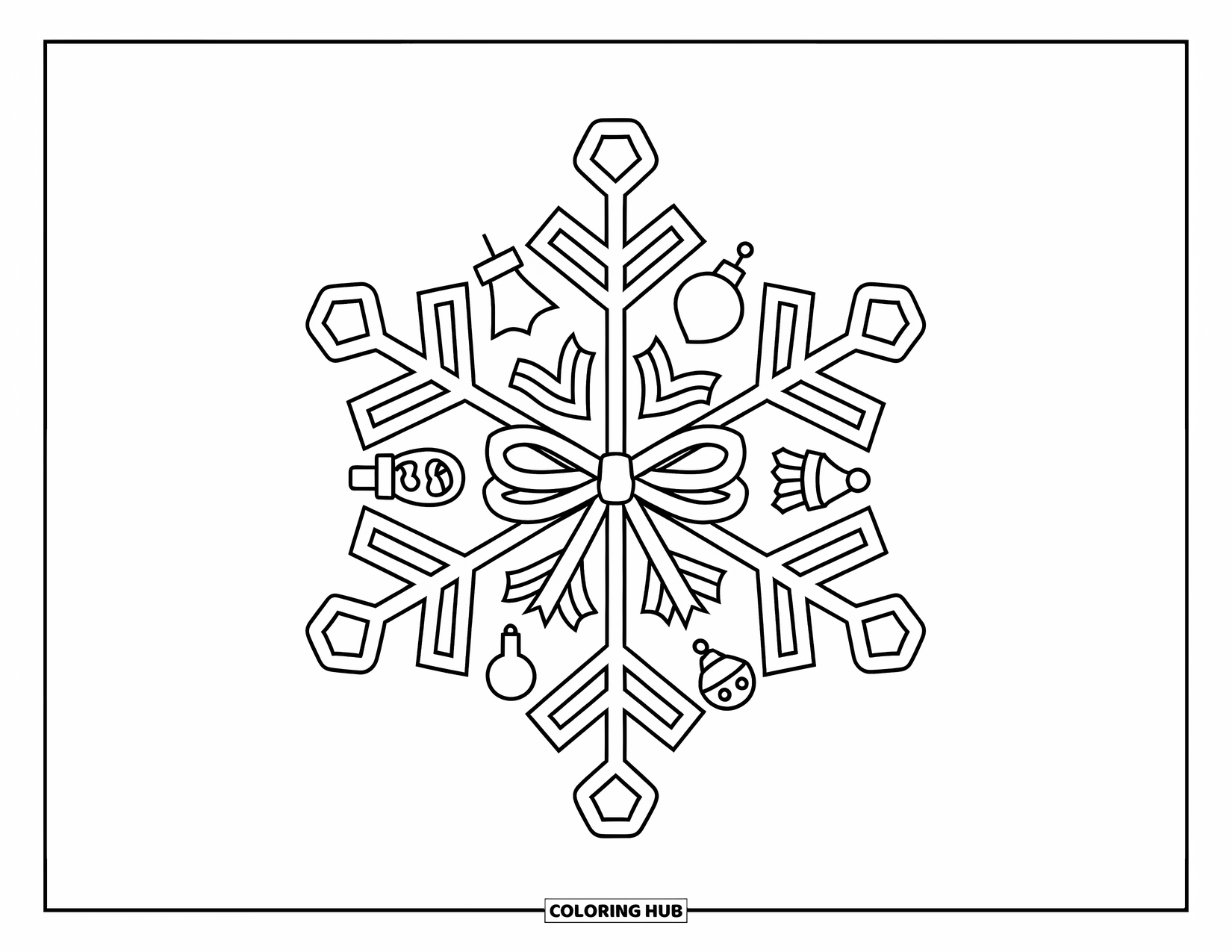 Preppy Christmas Coloring Page for Adults: A festive snowflake mandala features cute Christmas icons in every delicate spoke