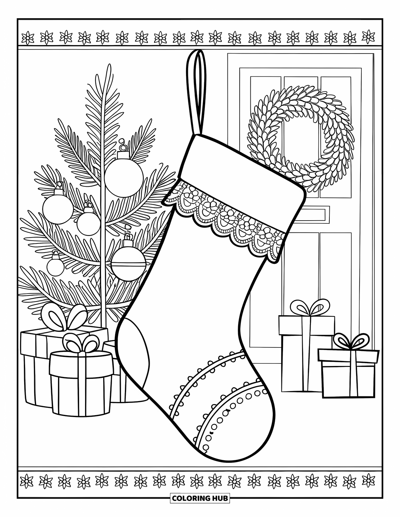 Preppy Christmas Coloring Page for Adults: A lace stocking hangs before a festive room with wreaths, gifts, and a tree