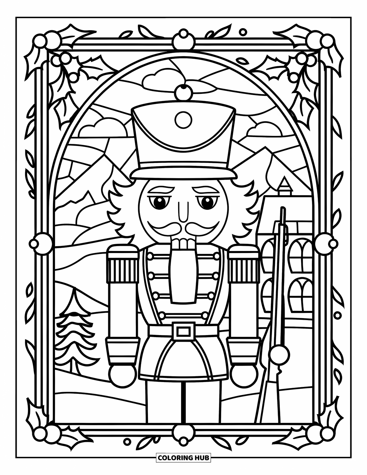 Preppy Christmas Coloring Page for Adults: A nutcracker in uniform stands amid mountains and holly in a festive frame