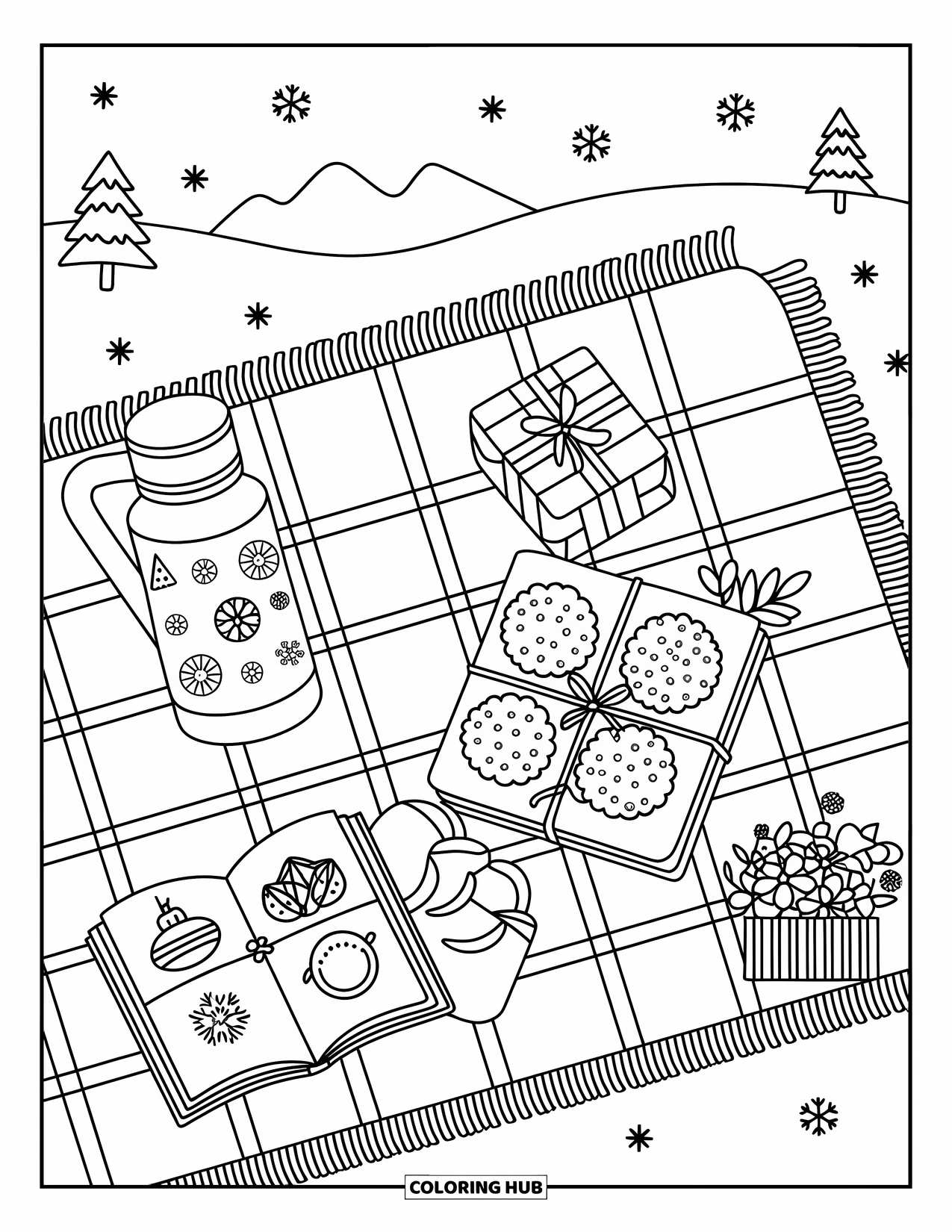 Preppy Christmas Coloring Page for Adults: A plaid blanket hosts treats, gifts, and books during a snowy winter picnic