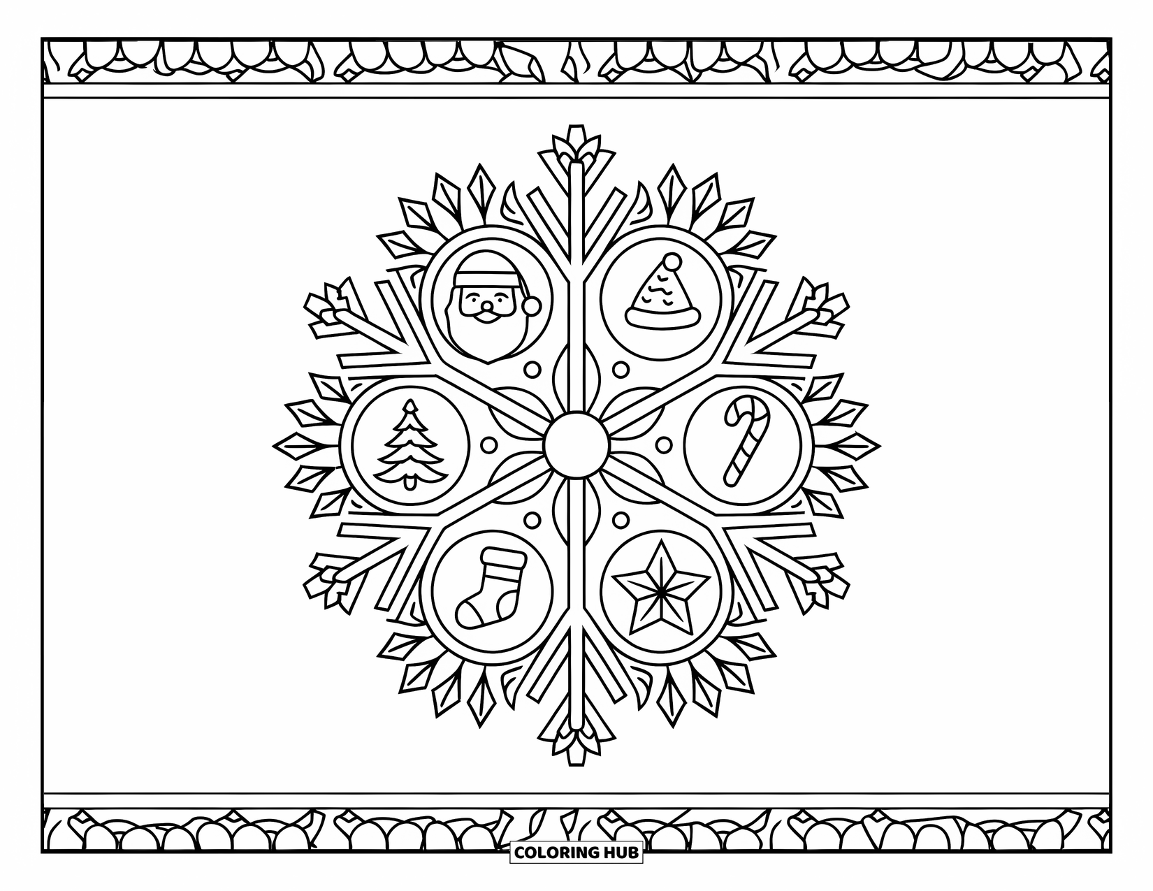 Preppy Christmas Coloring Page for Adults: A snowflake mandala filled with holiday cheer, from stockings to stars