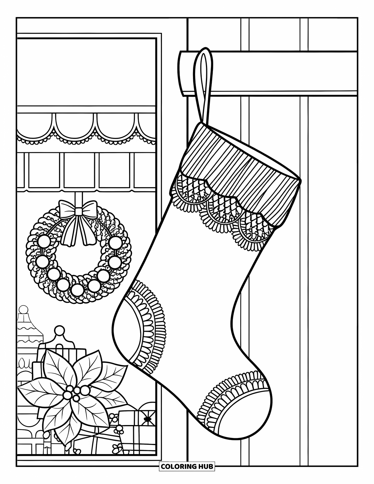 Preppy Christmas Coloring Page for Adults: A striped stocking hangs near a window in a peaceful Christmas scene