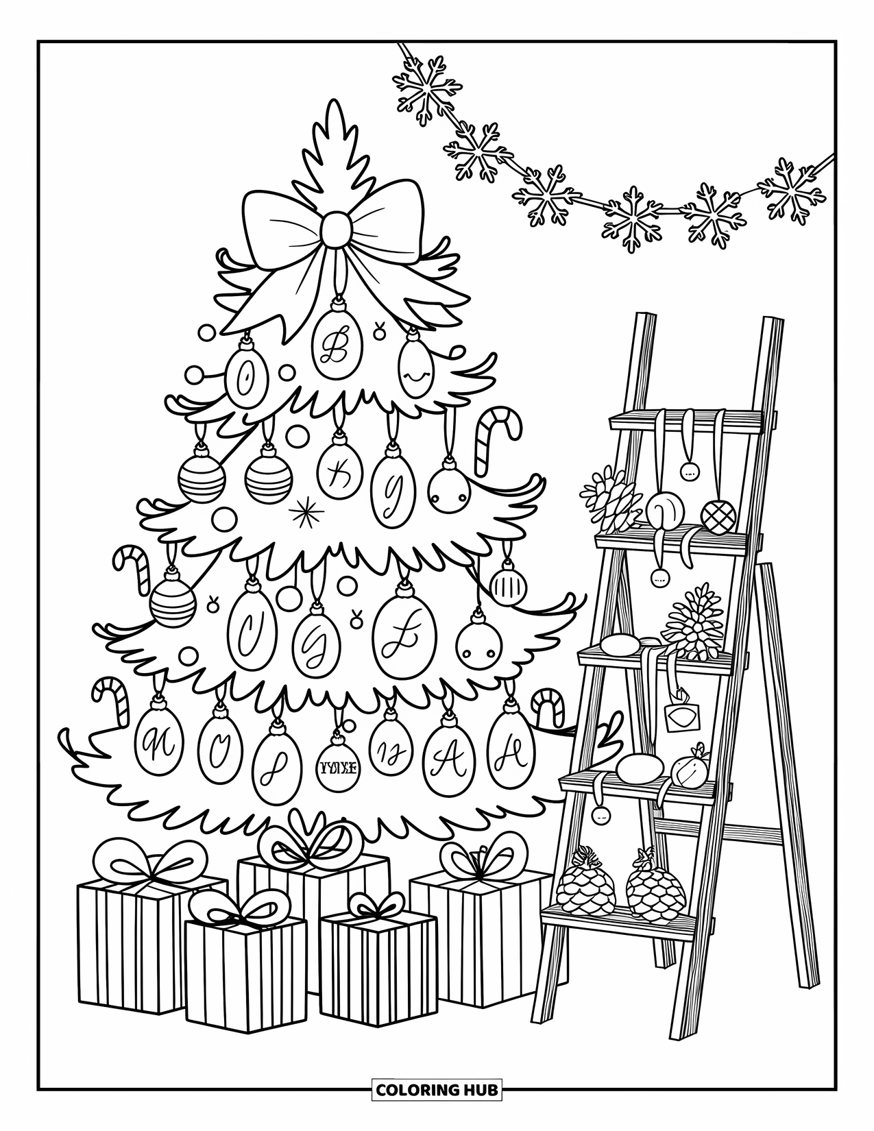 Preppy Christmas Coloring Page for Adults: Baubles and candy canes shine on a festive tree wrapped in ribbons