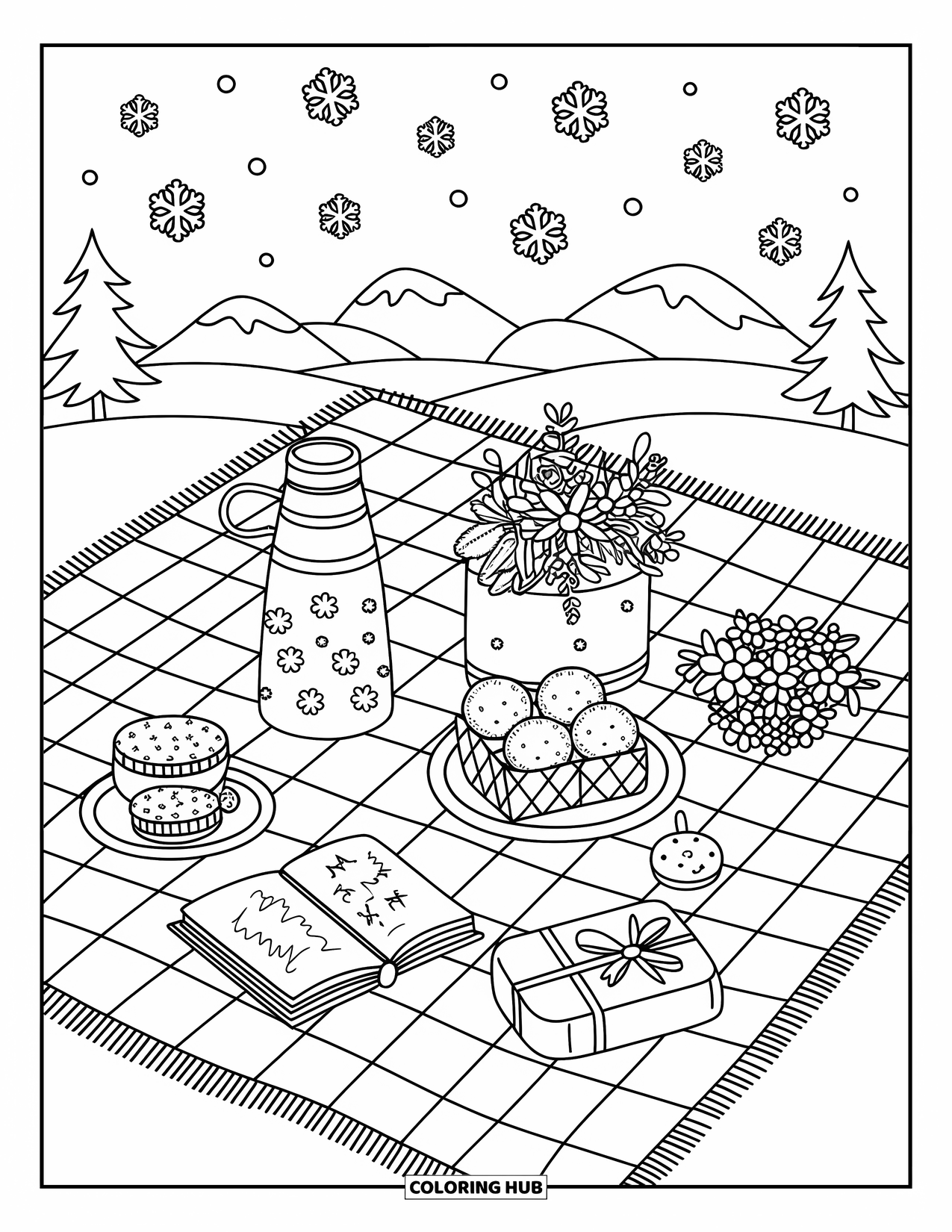 Preppy Christmas Coloring Page for Adults: Blankets, books, and treats create a cozy winter picnic scene under falling snowflakes