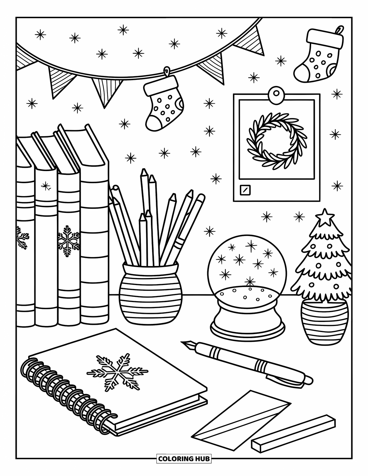 Preppy Christmas Coloring Page for Adults: Books, bunting, and sparkles brighten a festive study space