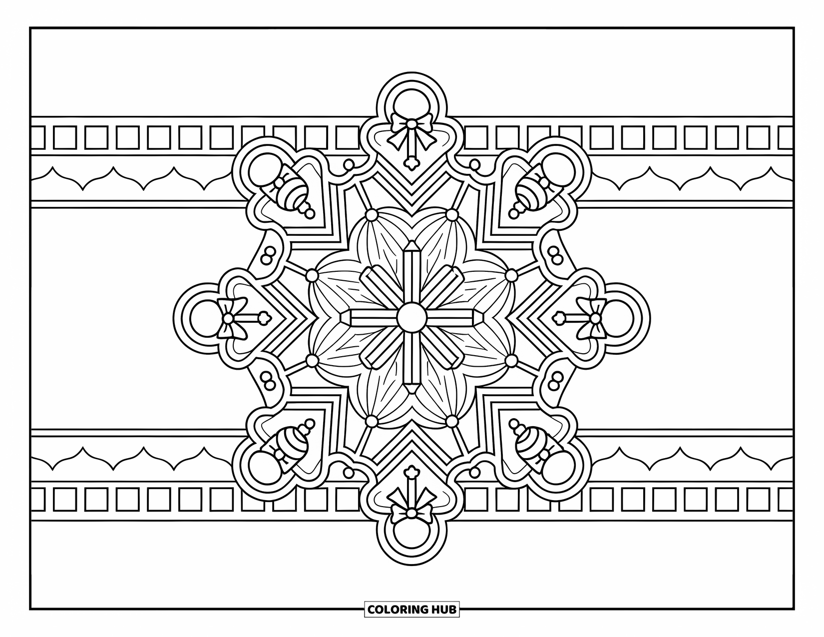Preppy Christmas Coloring Page for Adults: Each snowflake arm holds a different ornament in this cheerful Christmas mandala