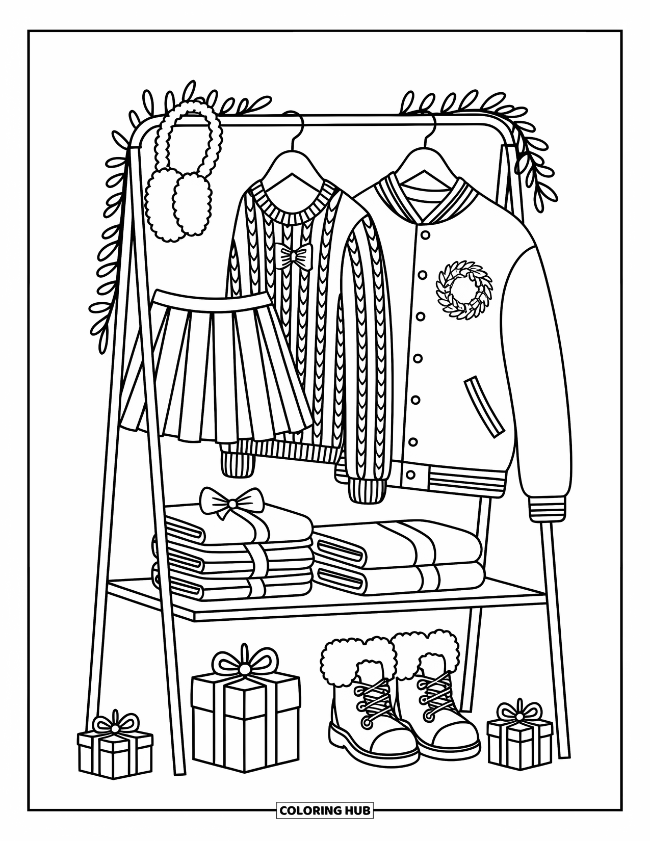 Preppy Christmas Coloring Page for Adults: Fuzzy earmuffs and folded mittens sit under a rack of holiday outfits