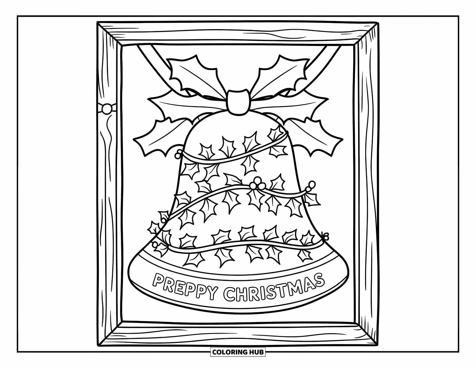 Preppy Christmas Coloring Page for Adults: Holly vines wrap a festive bell labeled "Preppy Christmas" on a rustic beam