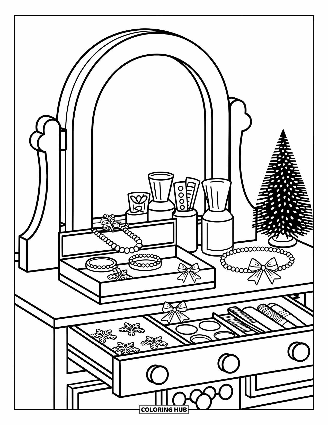 Preppy Christmas Coloring Page for Adults: Pearls, bows, and festive bottles decorate a cozy holiday vanity scene