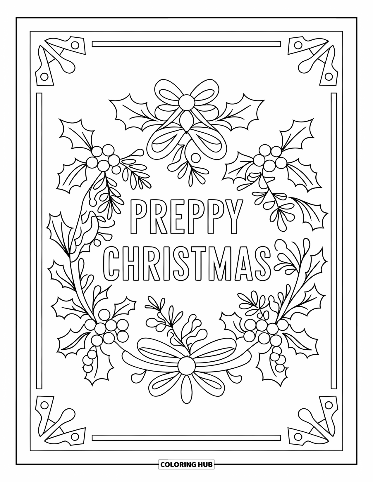 Preppy Christmas Coloring Page for Adults: Preppy Christmas sits at the heart of a festive ivy and holly mandala