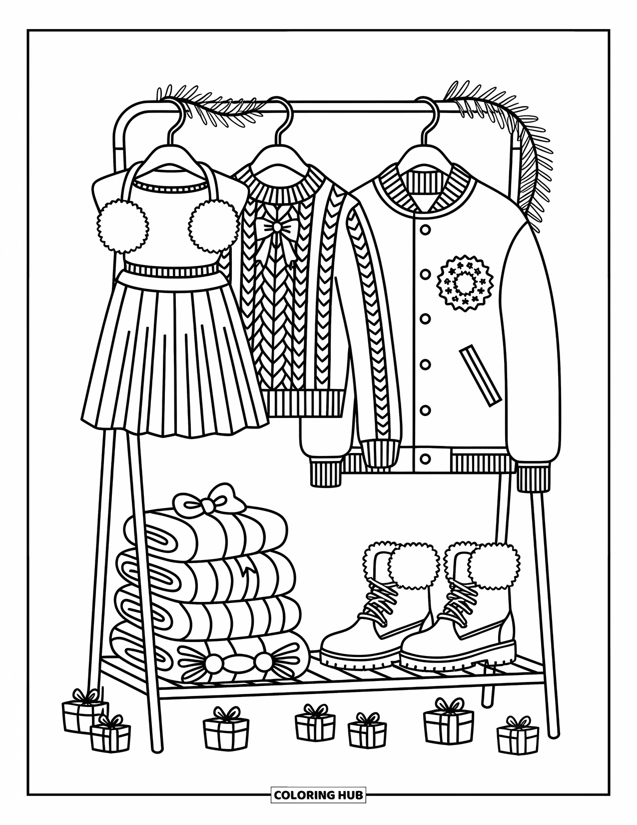 Preppy Christmas Coloring Page for Adults: Scarves, sweaters, and fuzzy boots hang neatly under festive garland