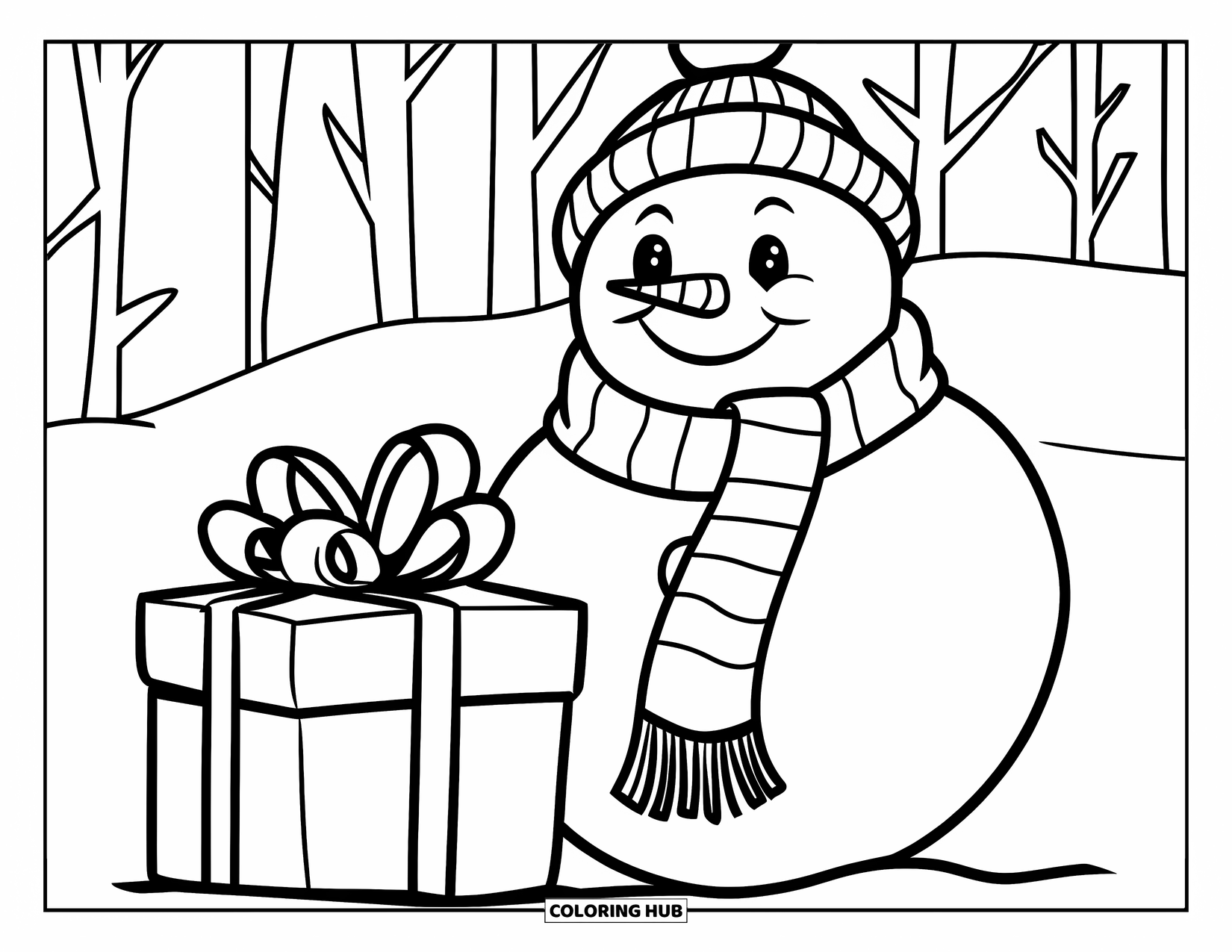 Preppy Christmas Coloring Page for Kids: A gift box sits beside a snowman in a scarf under winter trees