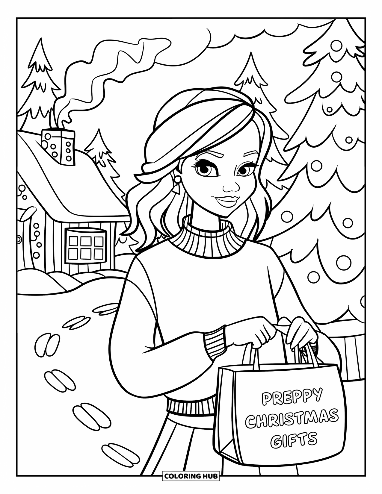 Preppy Christmas Coloring Page for Kids: A girl in a sweater holds a gift bag in front of snow-covered trees