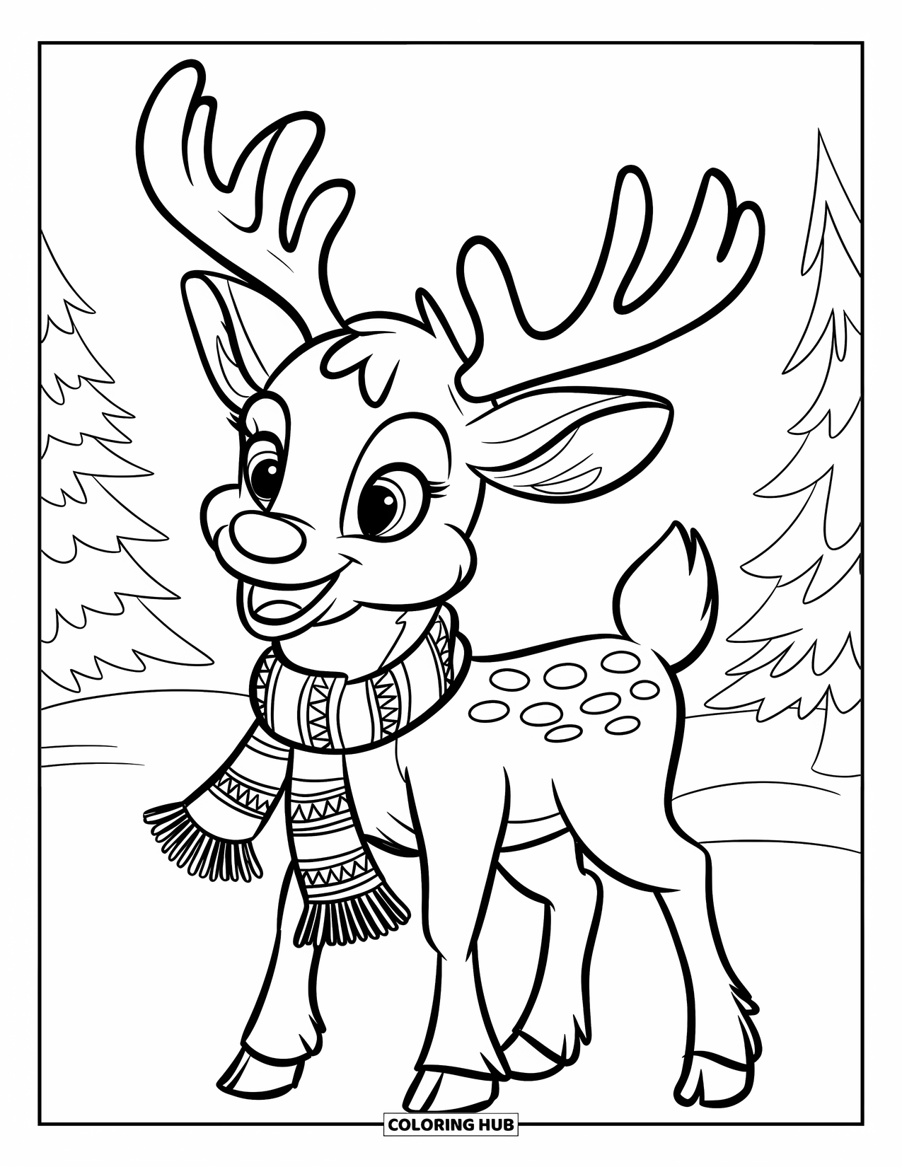Preppy Christmas Coloring Page for Kids: A joyful reindeer stands with trees and presents in the background