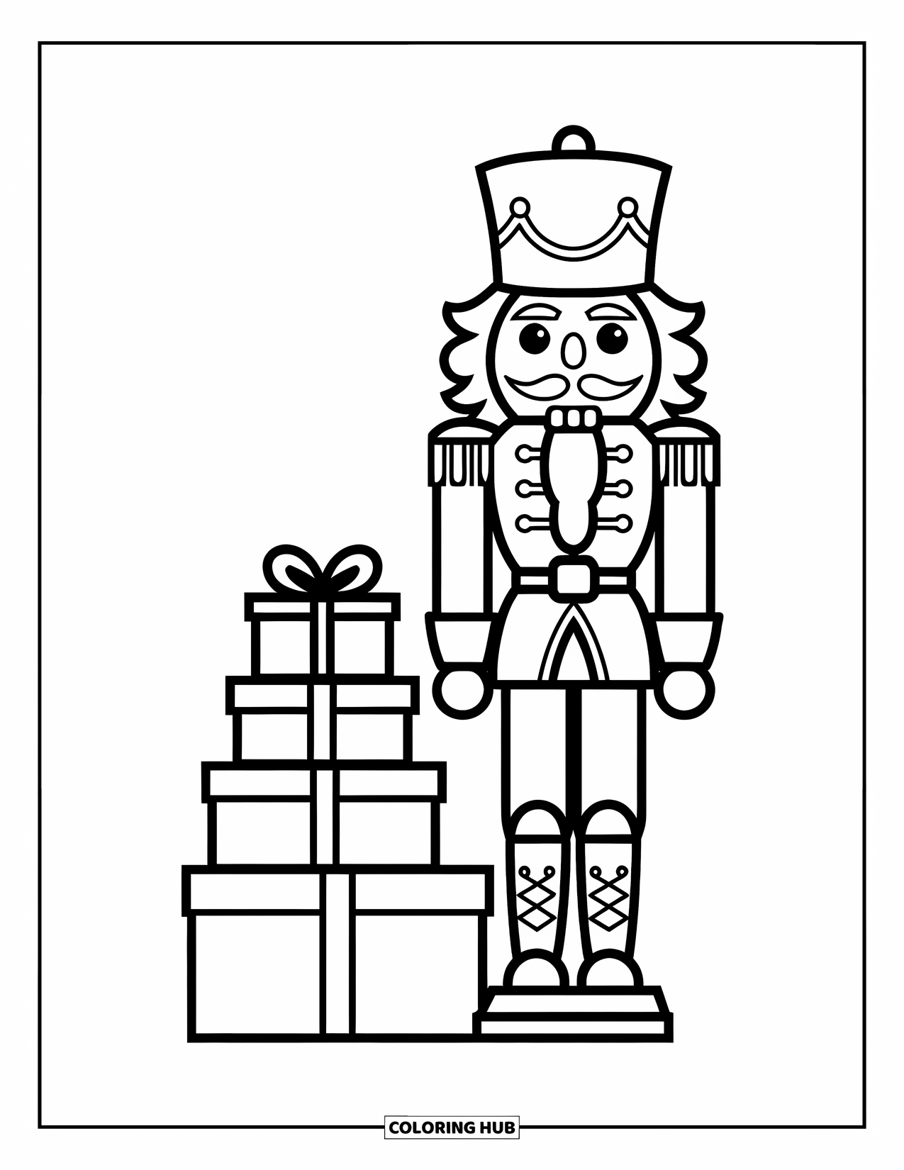 Preppy Christmas Coloring Page for Kids: A nutcracker stands proudly beside stacked boxes wrapped for the holidays