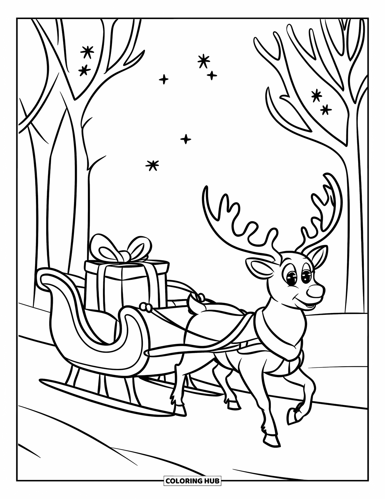 Preppy Christmas Coloring Page for Kids: A reindeer pulls a sleigh carrying a festive gift across snowy ground