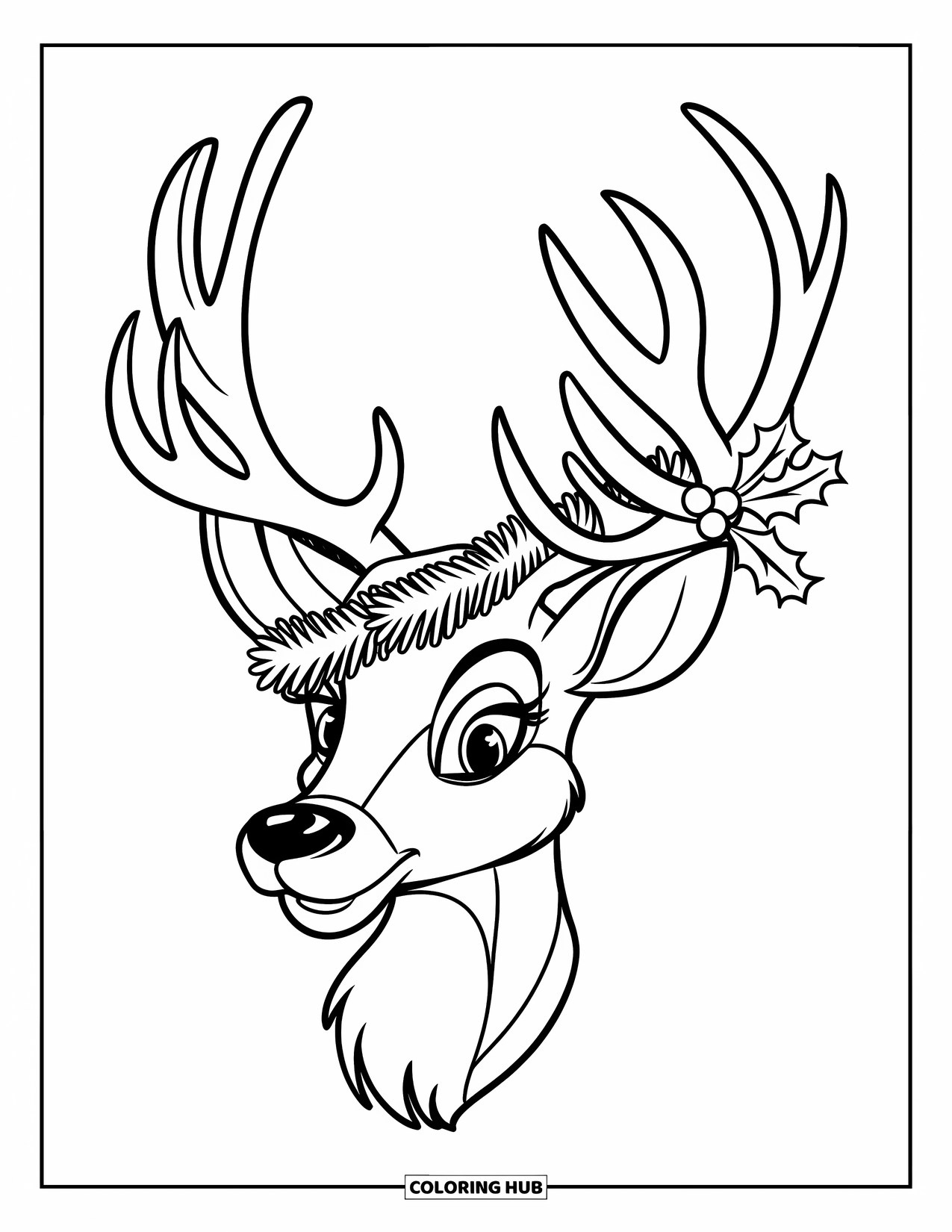 Preppy Christmas Coloring Page for Kids: A reindeer with decorated antlers smiles beneath festive holly and garland