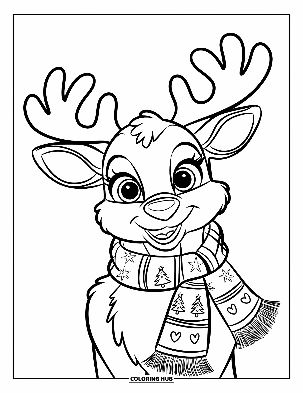 Preppy Christmas Coloring Page for Kids: A smiling reindeer wears a bold scarf among trees and stars