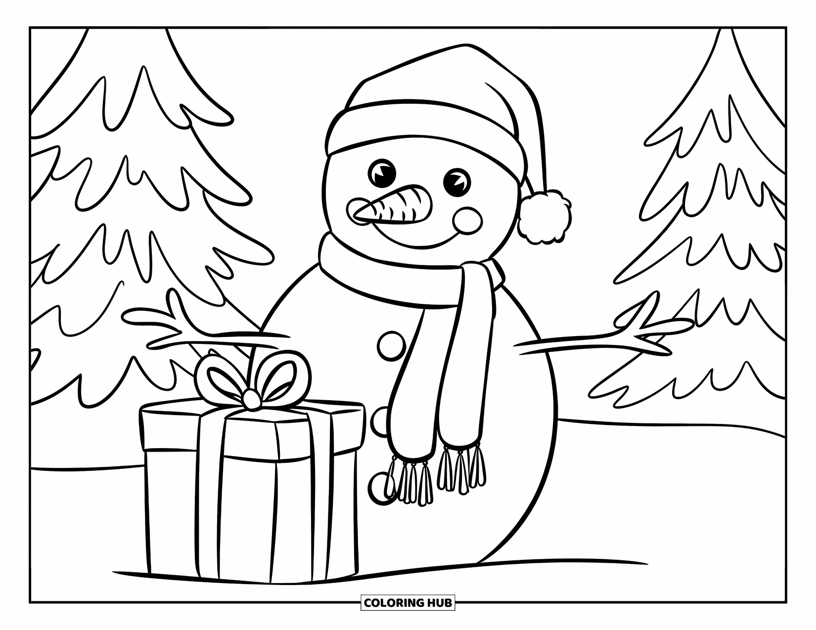Preppy Christmas Coloring Page for Kids: A snowman in a scarf stands next to a gift among the snowy trees
