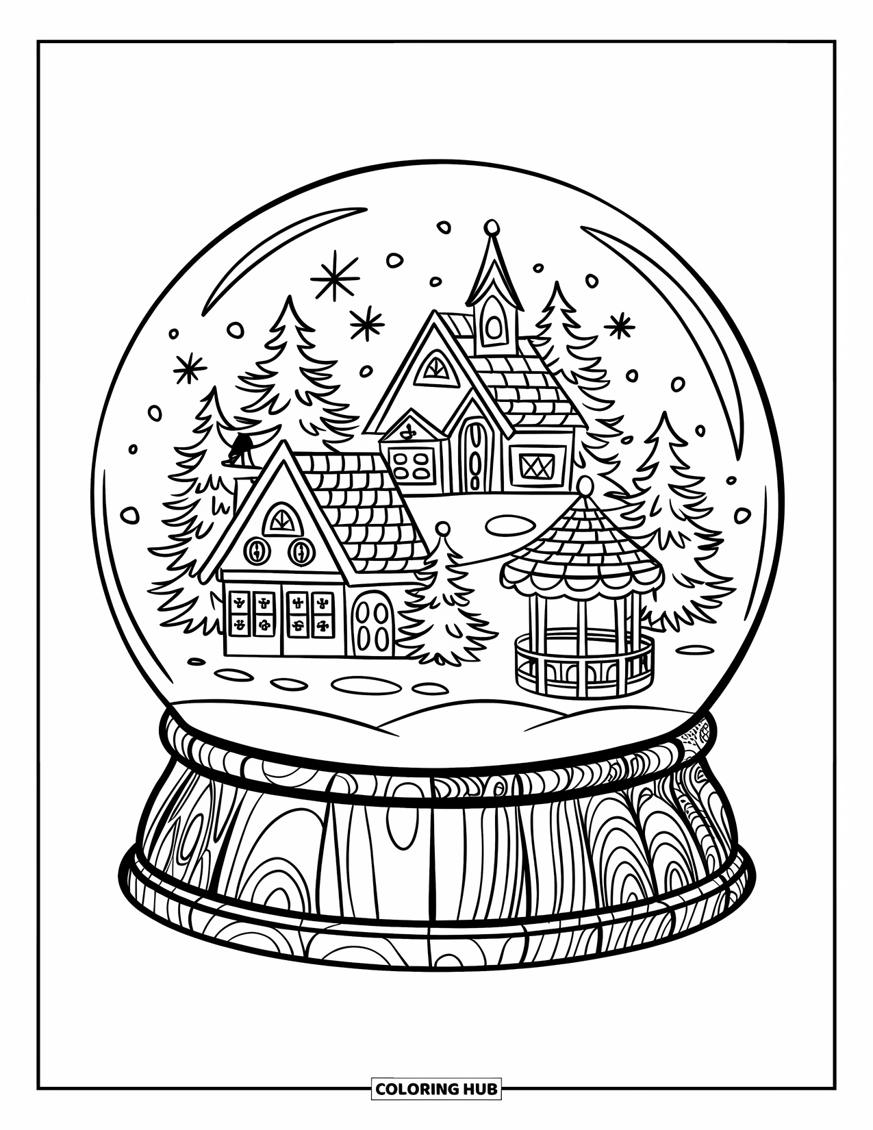 Preppy Christmas Coloring Page for Kids: A snowy globe holds a tiny Christmas village filled with trees and lights