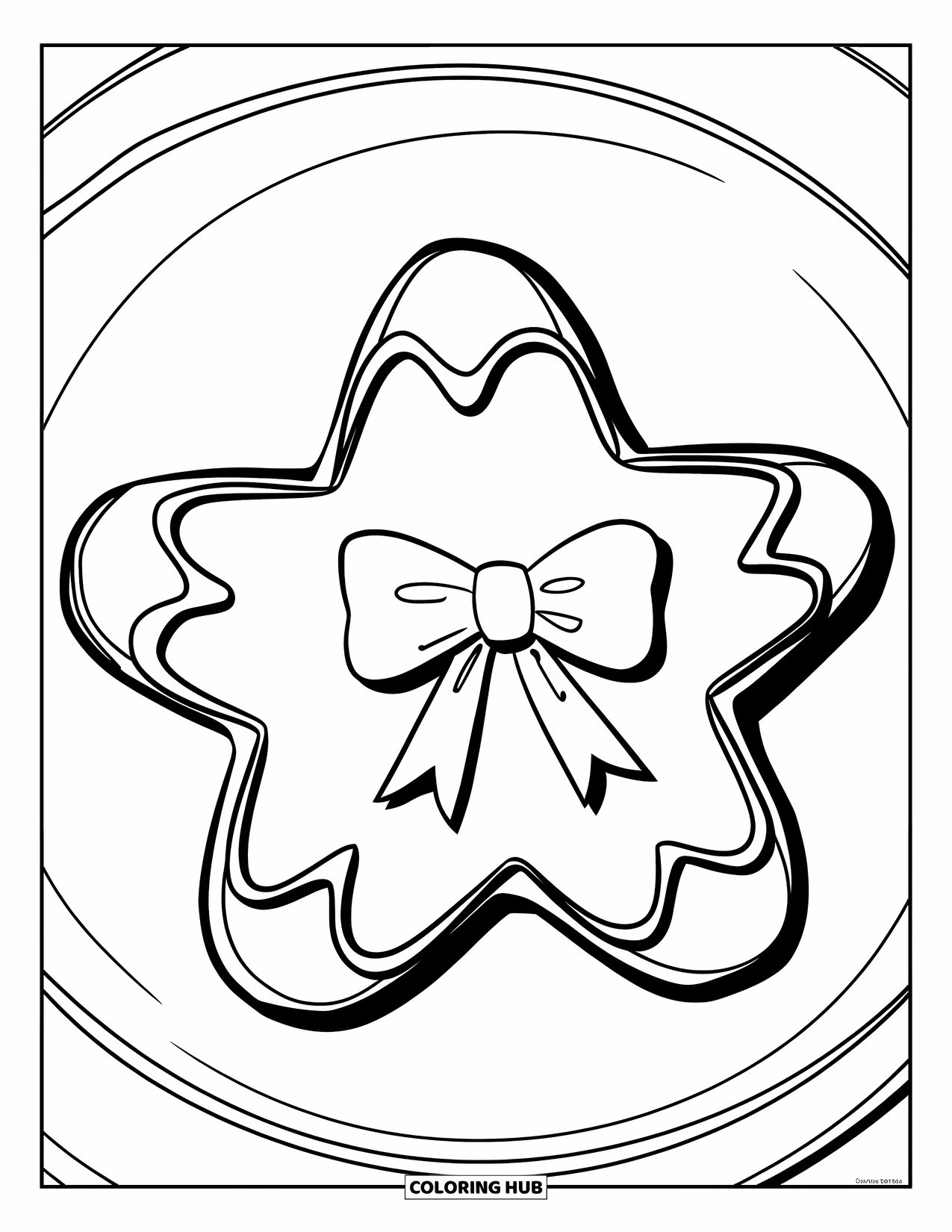 Preppy Christmas Coloring Page for Kids: A star-shaped cookie with icing and a bow rests on a white plate