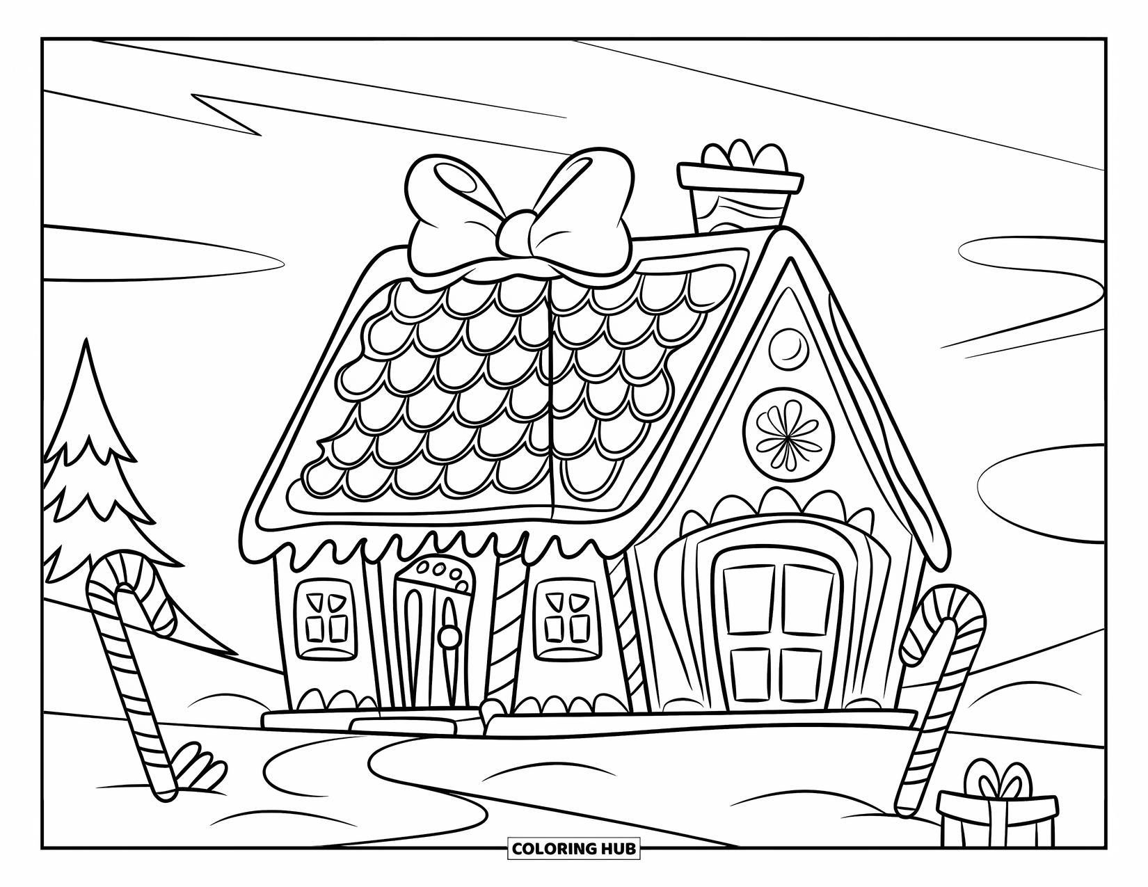 Preppy Christmas Coloring Page for Kids: A sweet gingerbread house sits with candy and gifts on a snowy hill