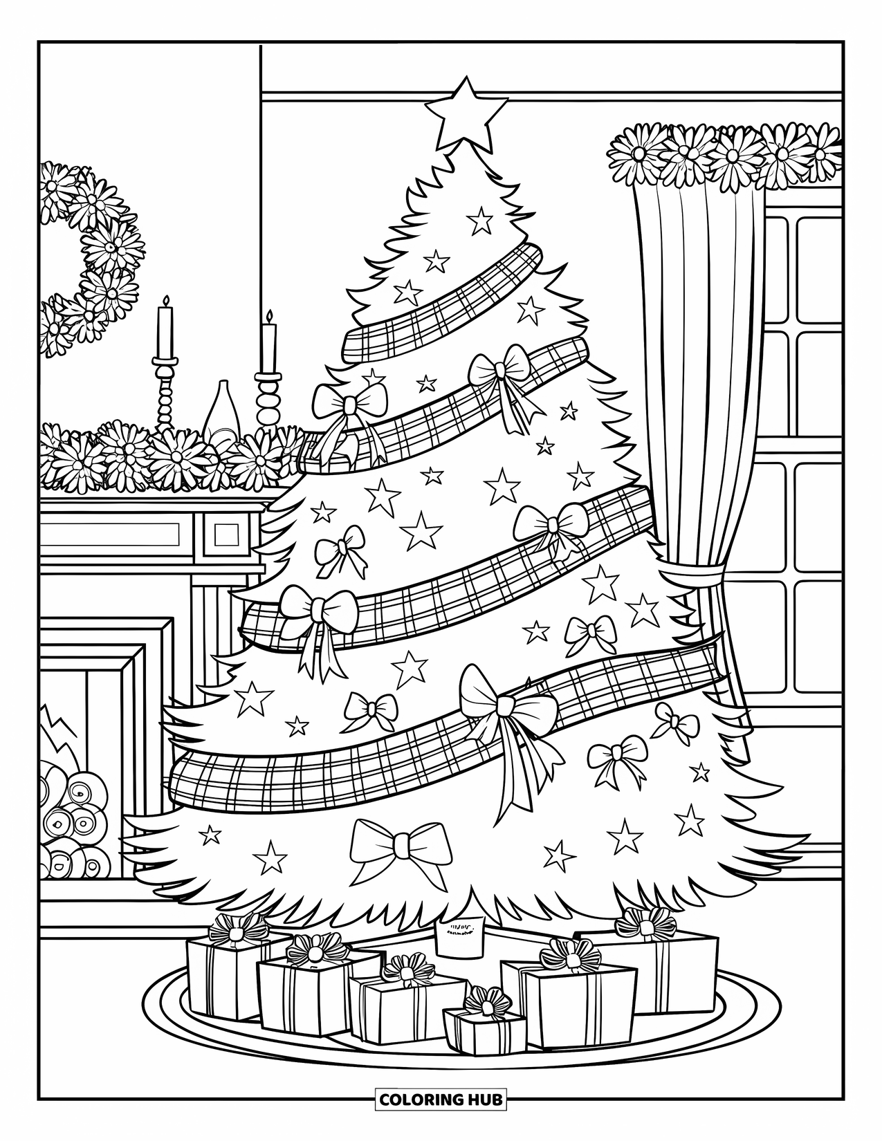 Preppy Christmas Coloring Page for Kids: A tree decorated with bows and gifts glows beside a cozy fireplace