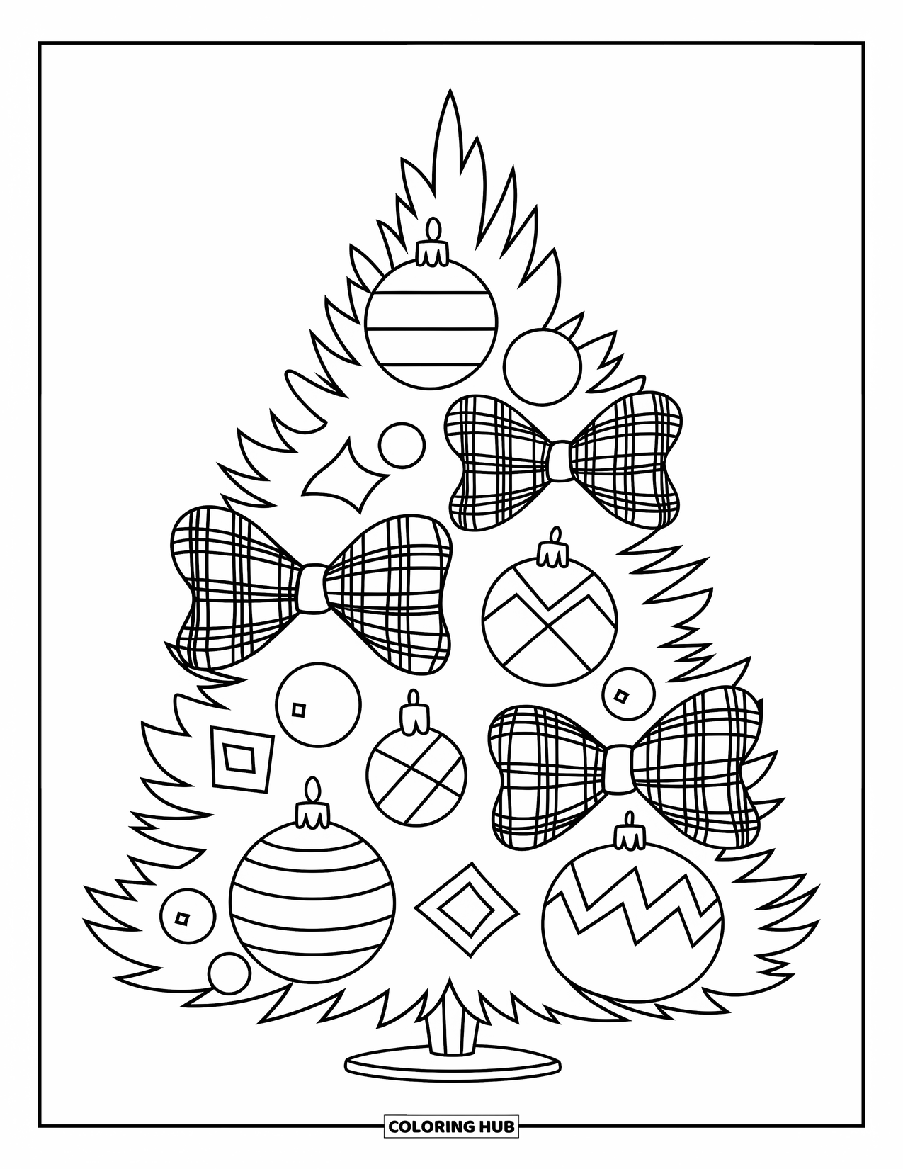 Preppy Christmas Coloring Page for Kids: A tree with plaid bows and big ornaments sparkles from top to base