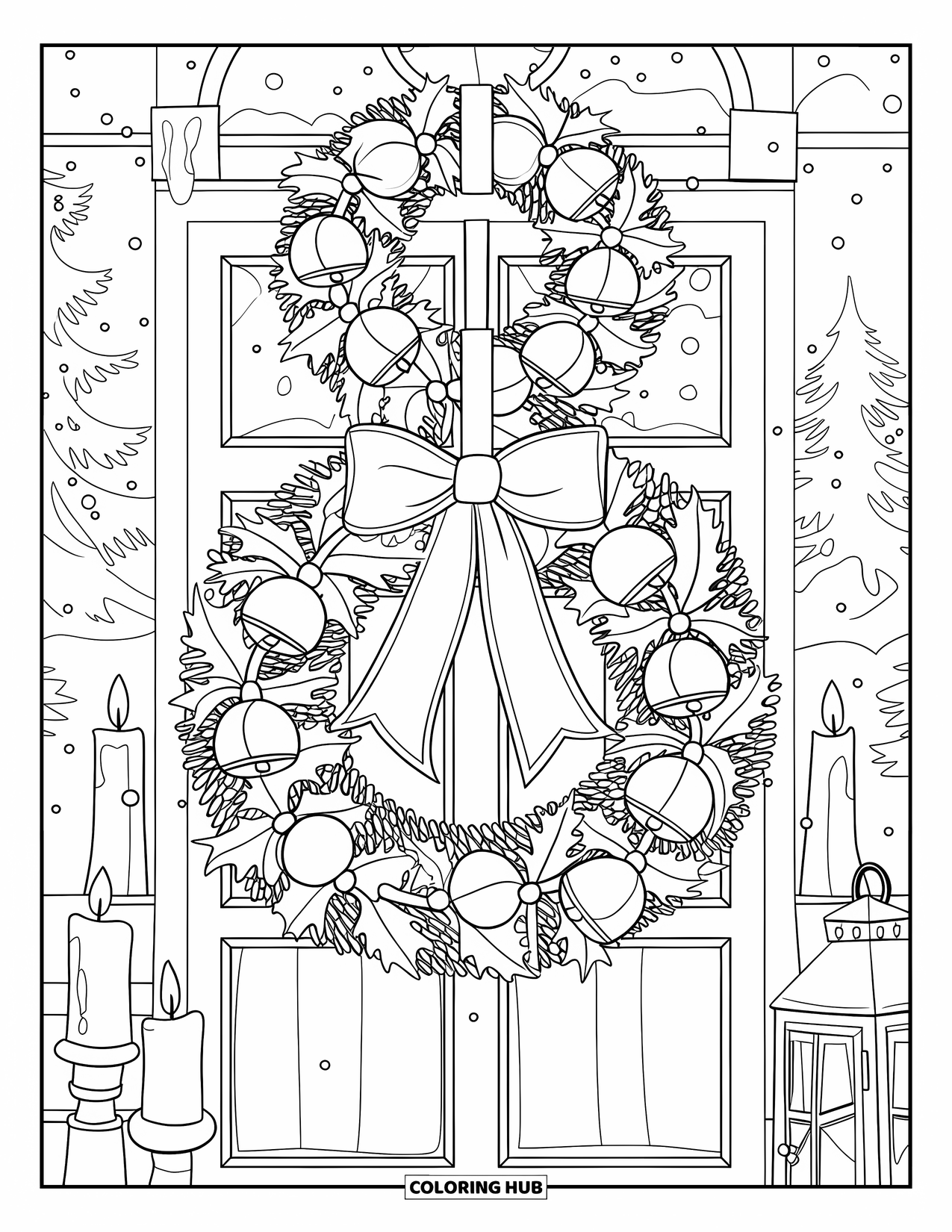 Preppy Christmas Coloring Page for Kids: A wreath and lantern hang on a door in a snowy landscape
