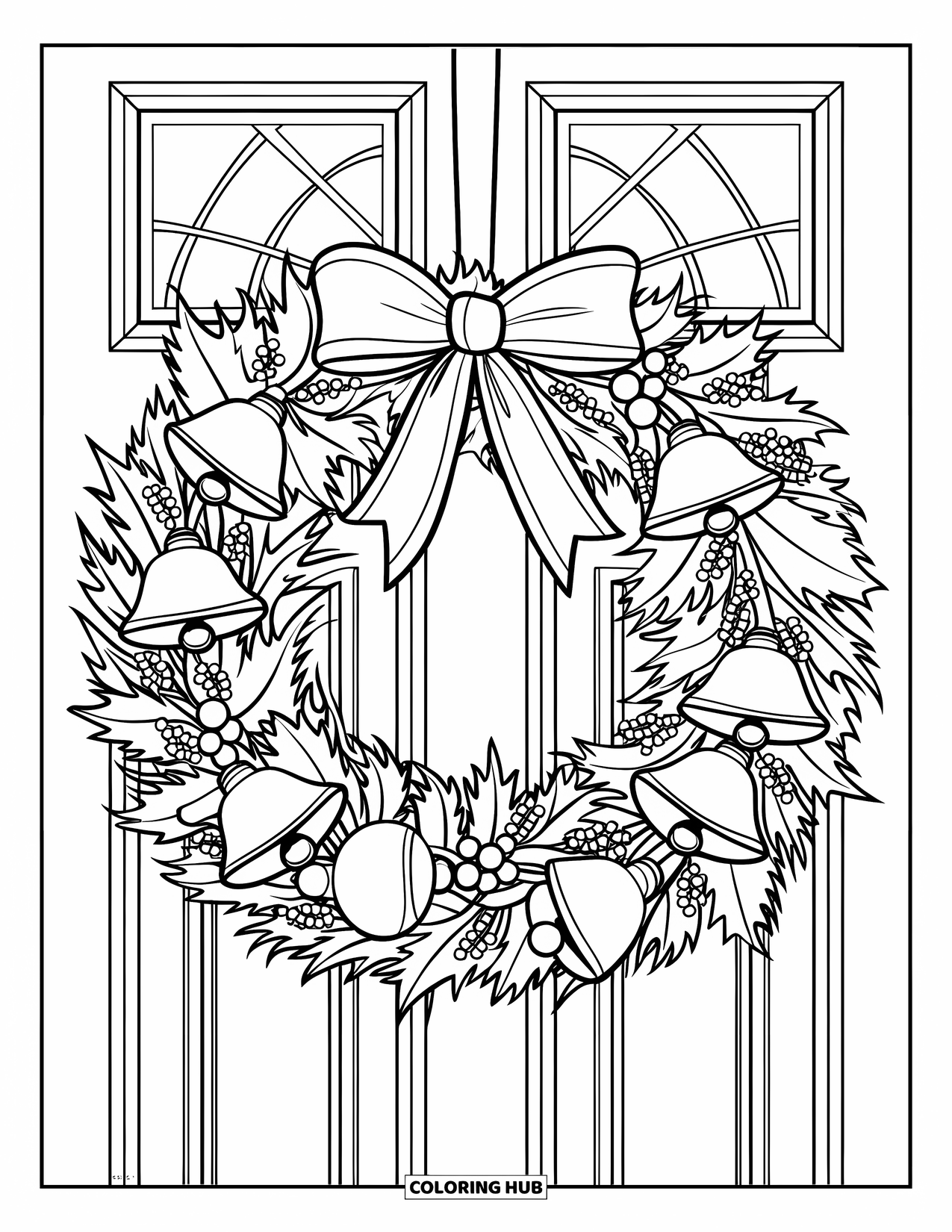 Preppy Christmas Coloring Page for Kids: Bells and bows dress up a holiday wreath on a snowy door