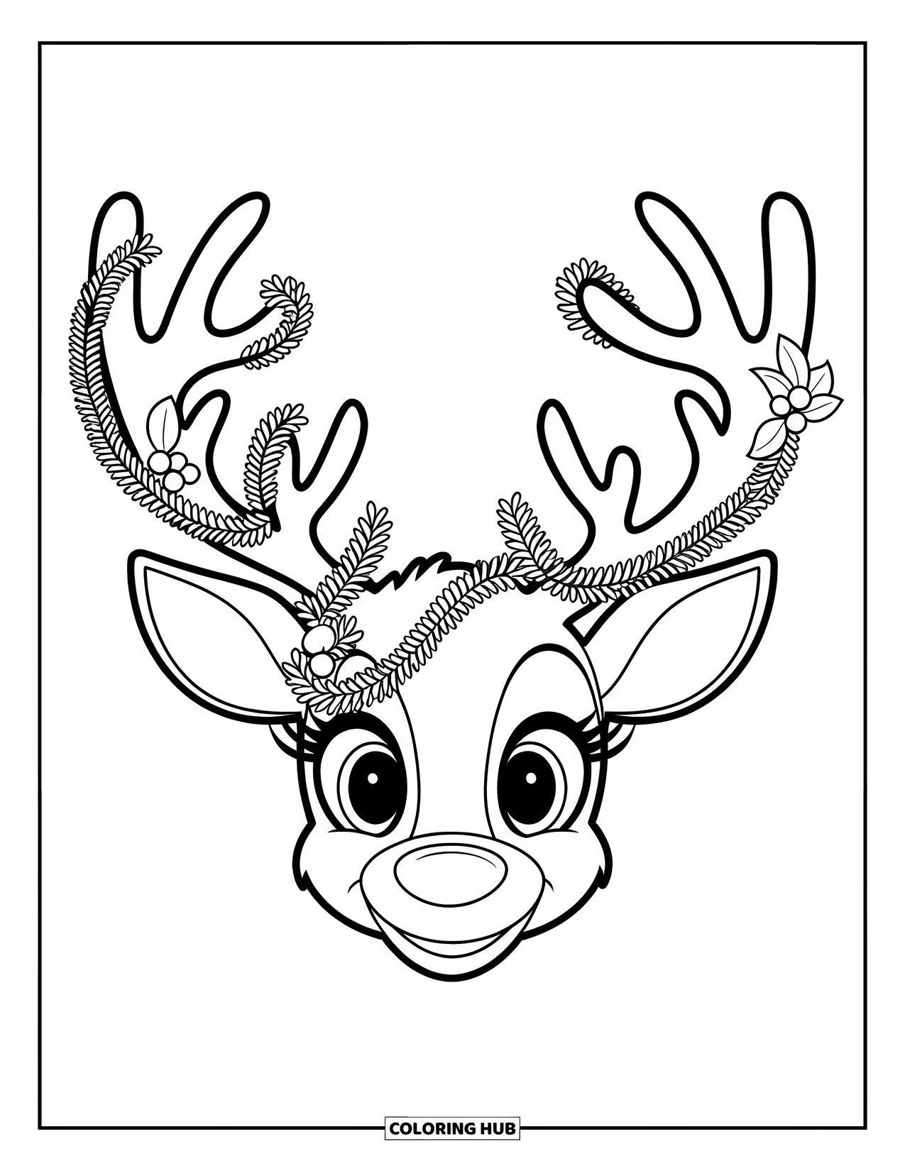 Preppy Christmas Coloring Page for Kids: Big-eyed reindeer shows off antlers wrapped in holly and ribbons