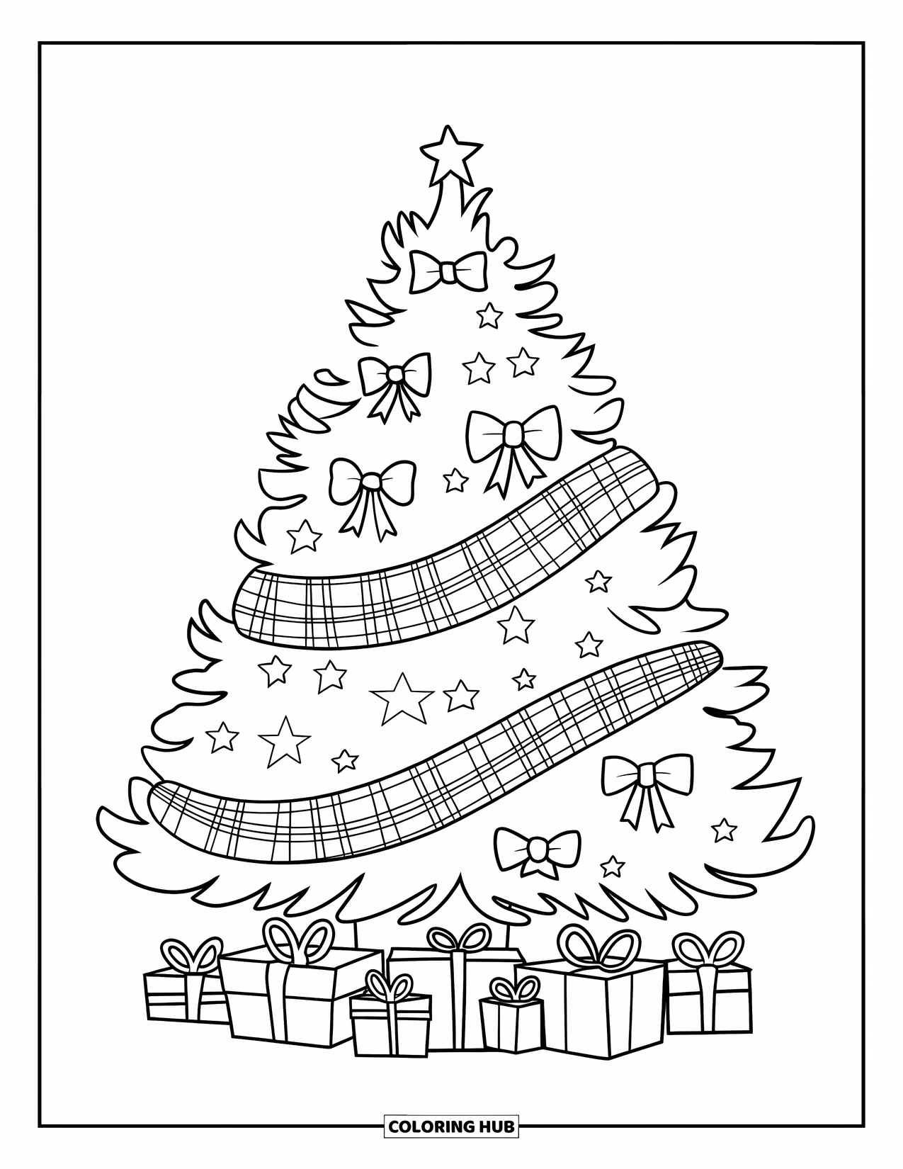 Preppy Christmas Coloring Page for Kids: Bows and plaid garland decorate a full tree with presents below