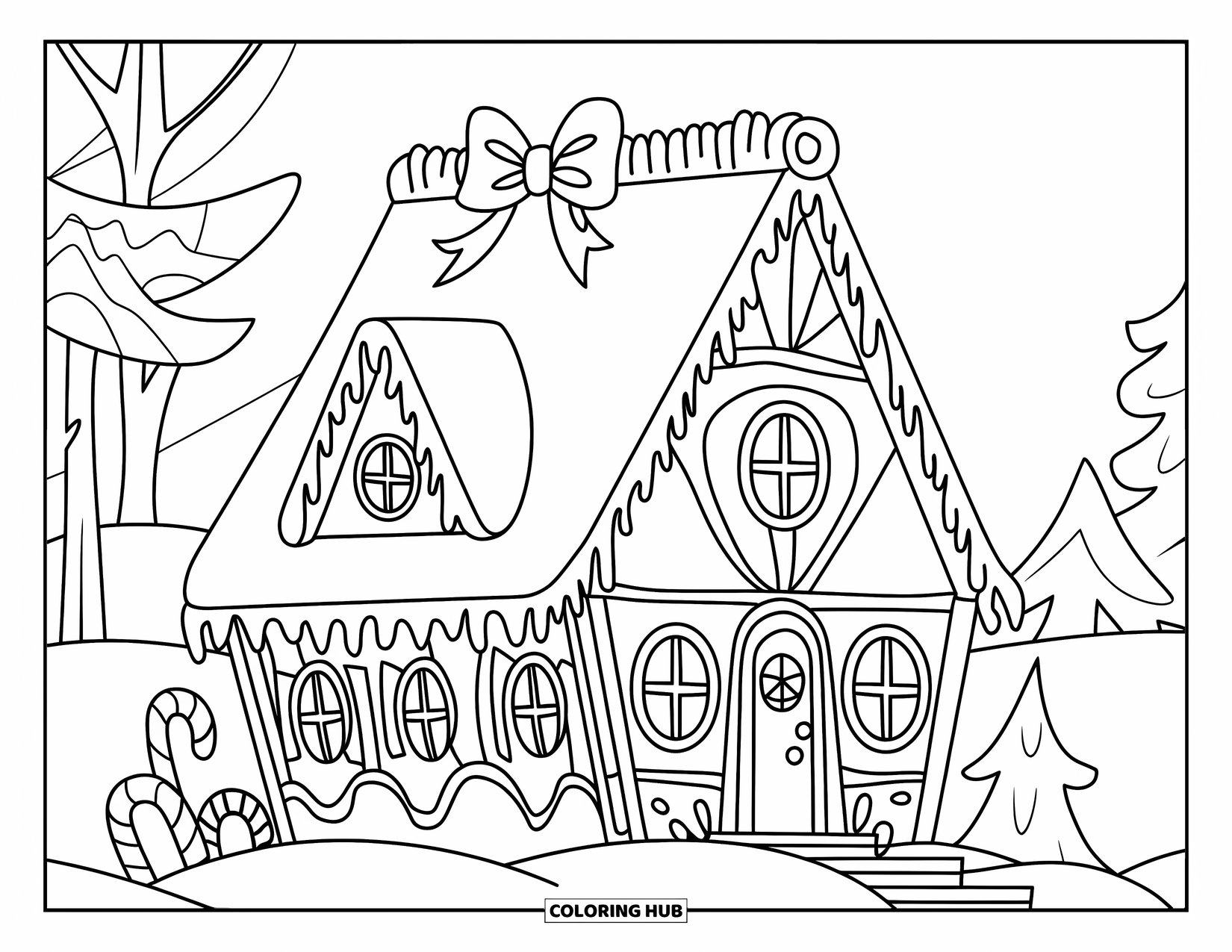 Preppy Christmas Coloring Page for Kids: Candy canes and frosting decorate a gingerbread house on a snowy day