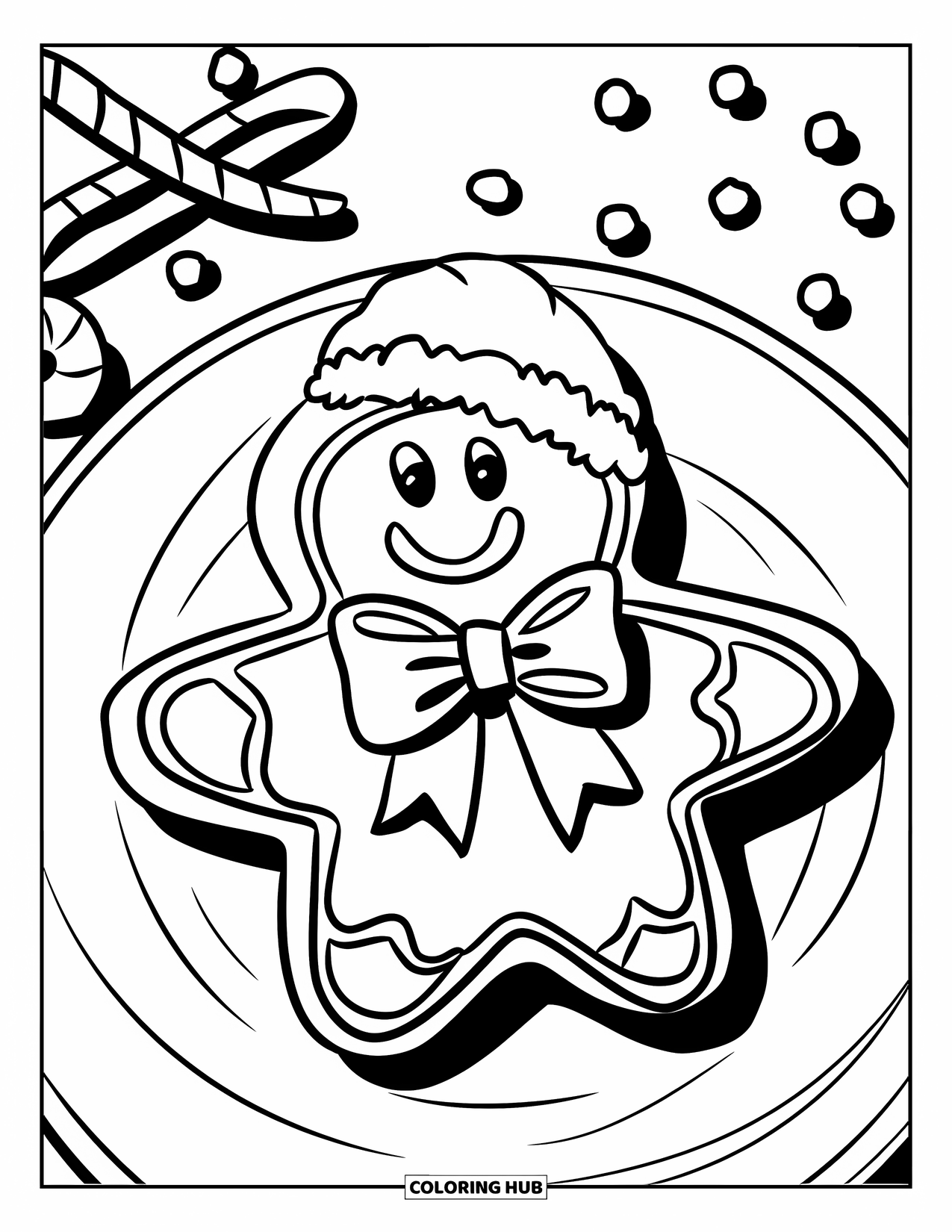 Preppy Christmas Coloring Page for Kids: Candy surrounds a star cookie topped with a bow
