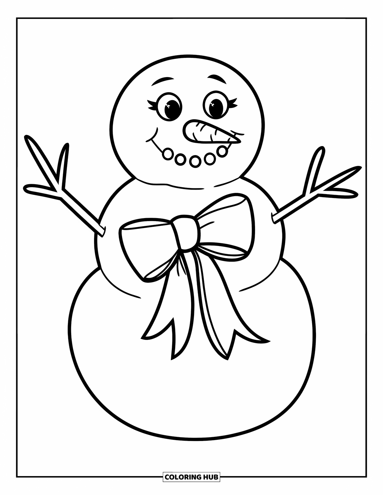 Preppy Christmas Coloring Page for Kids: Cheerful snowman holds a holiday bow with a big smile