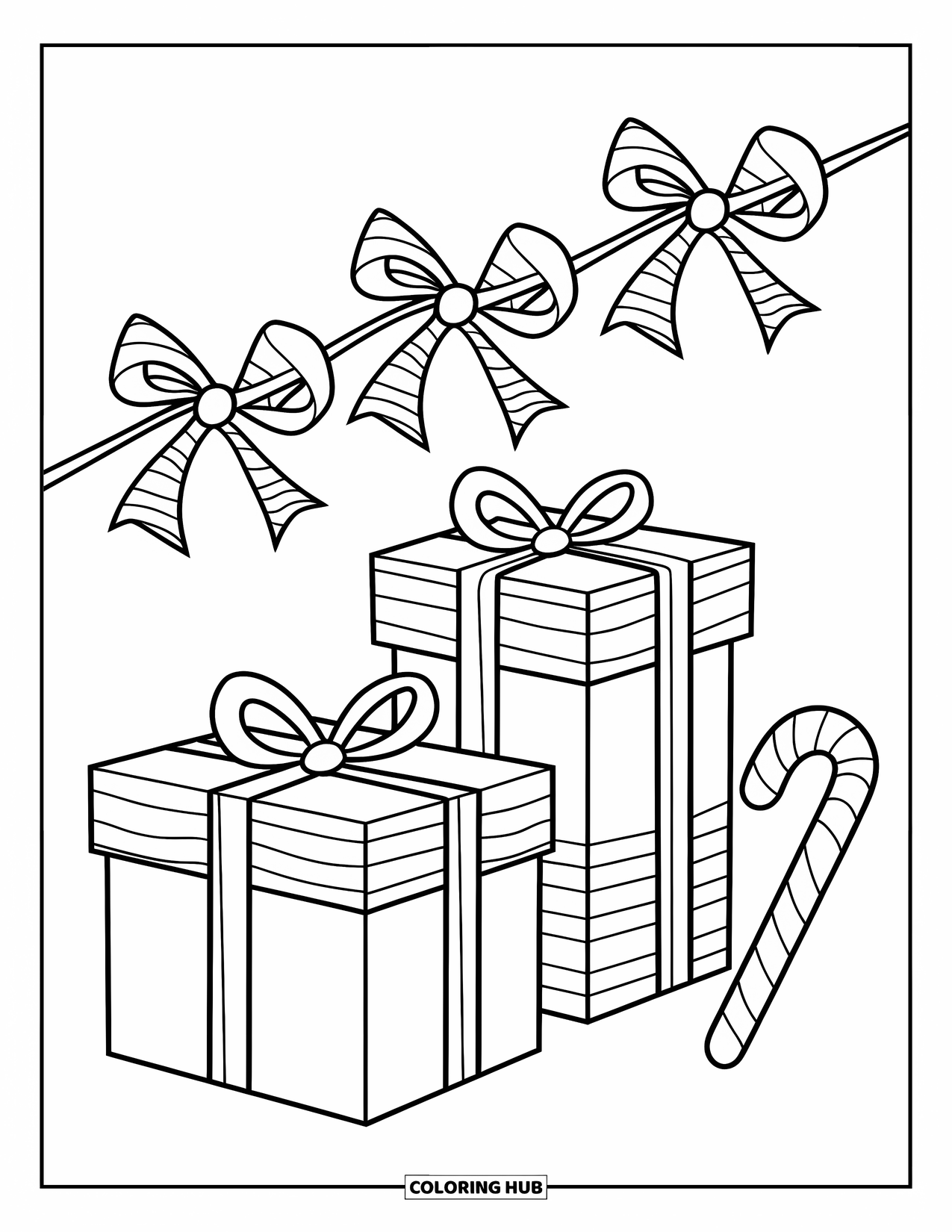 Preppy Christmas Coloring Page for Kids: Colorful garland surrounds gifts tied in ribbons beside a candy cane