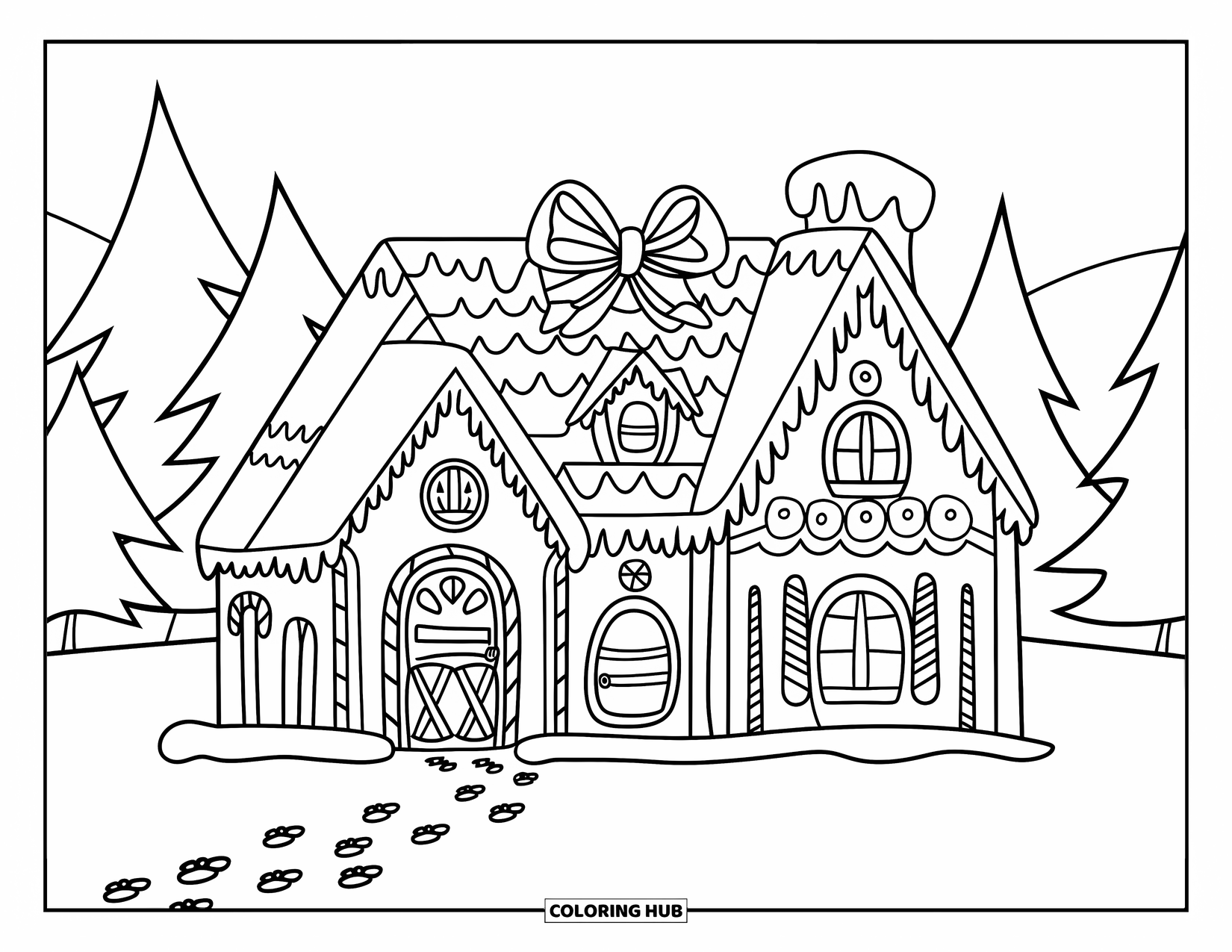 Preppy Christmas Coloring Page for Kids: Frosting trims a gingerbread house with a bow and footprints leading to the door