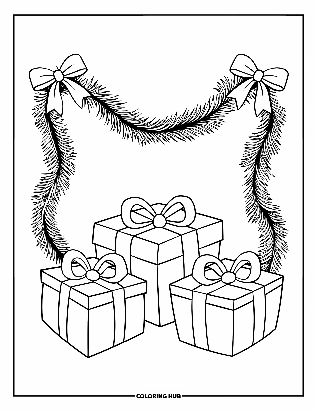 Preppy Christmas Coloring Page for Kids: Gift boxes rest beneath a bow-wrapped garland ready for holiday cheer