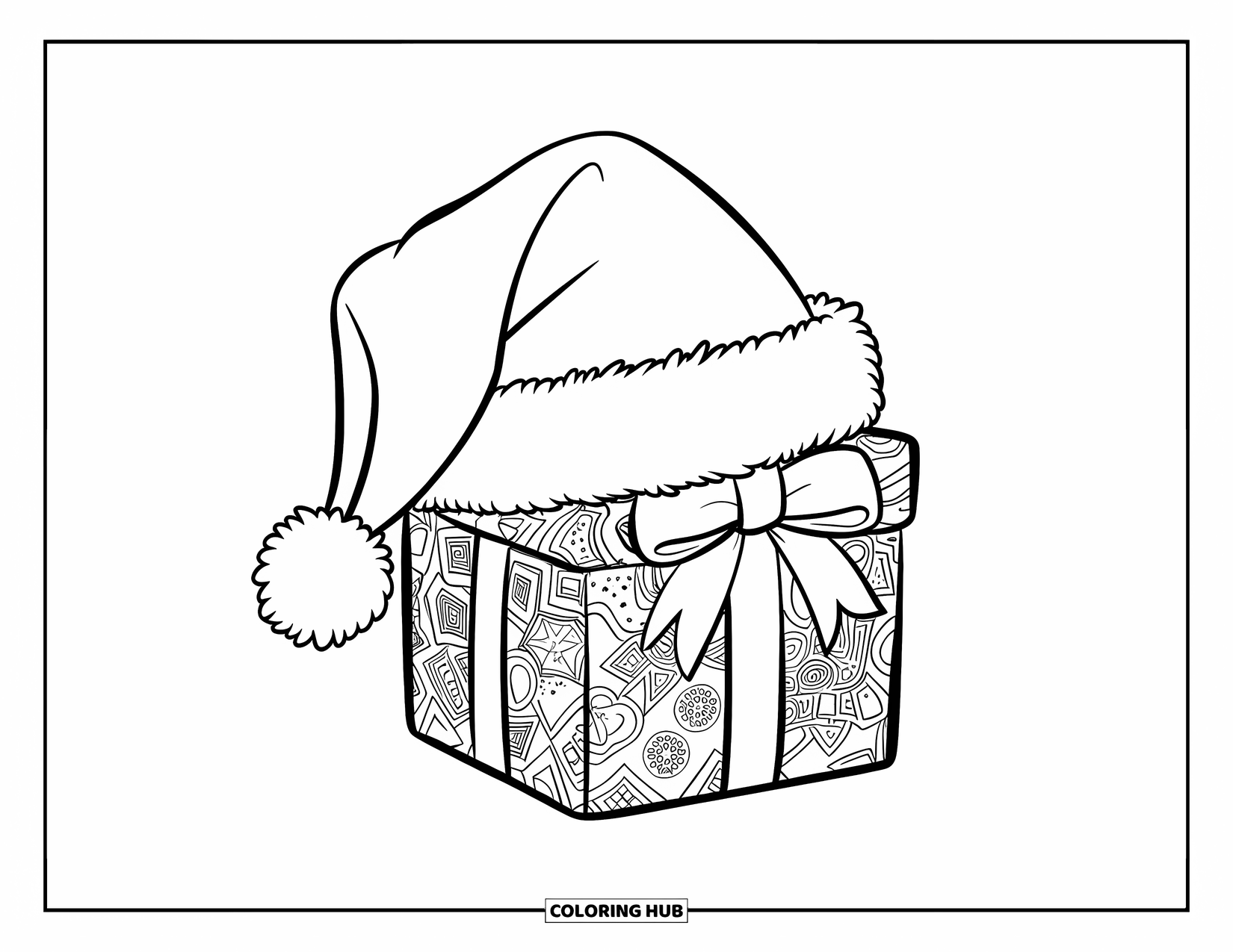 Preppy Christmas Coloring Page for Kids: Santaís hat sits atop a gift box tied with ribbon and a star