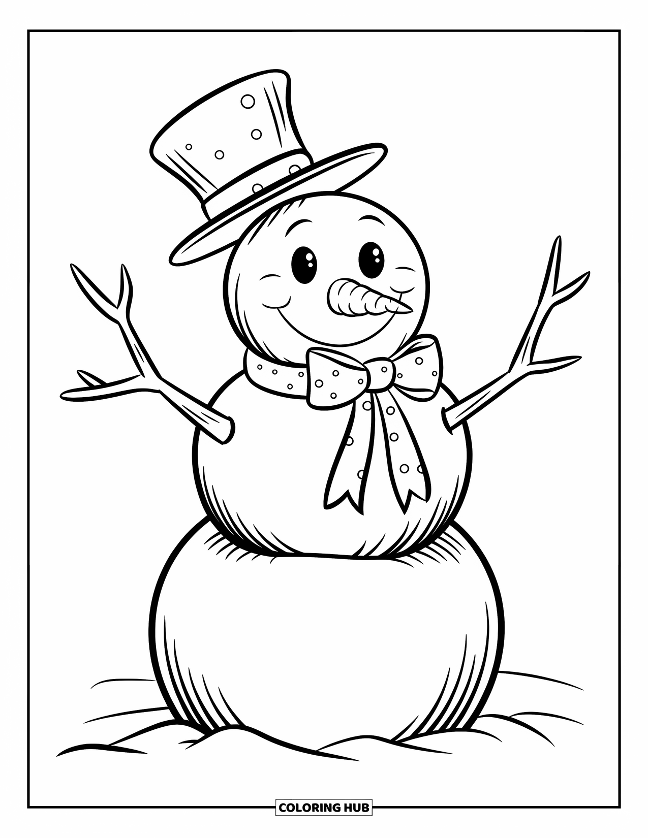 Preppy Christmas Coloring Page for Kids: Snowman on snowy ground holds a bow with joy