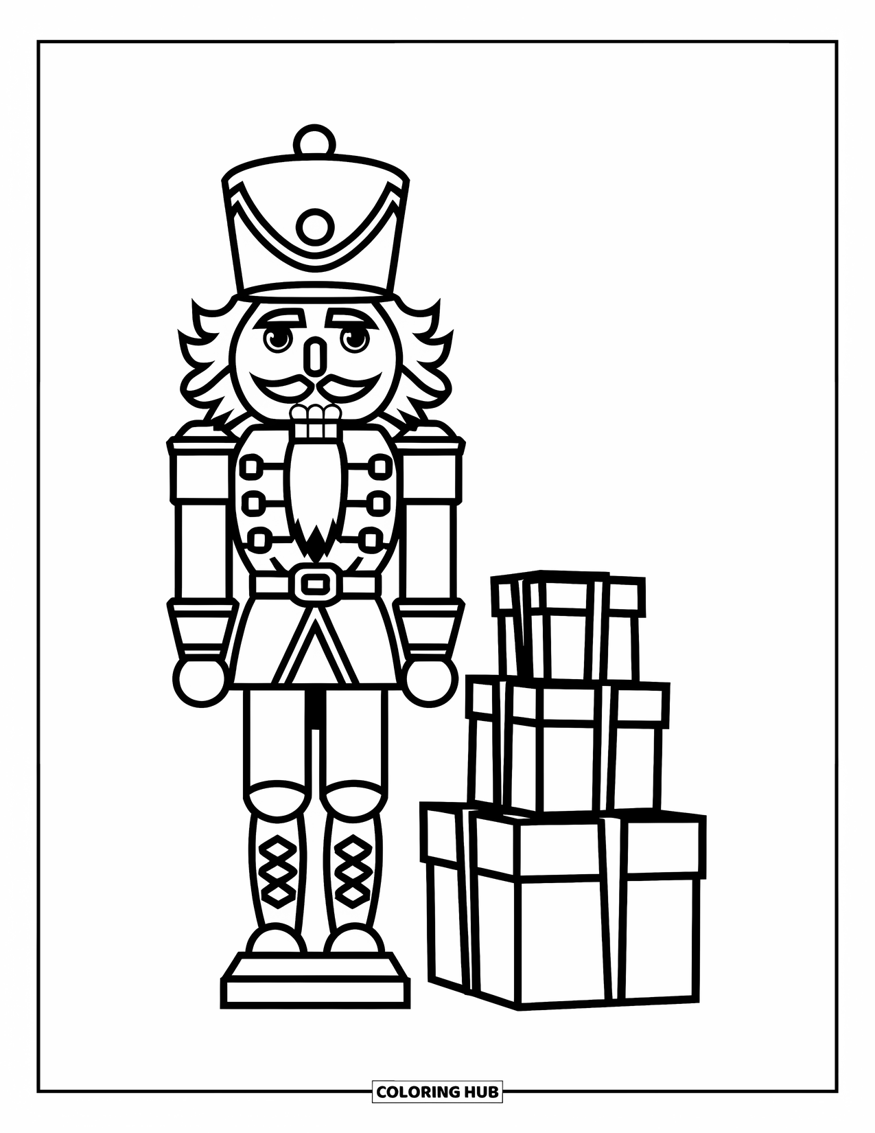 Preppy Christmas Coloring Page for Kids: Stacked gifts stand tall next to a nutcracker in a festive outfit