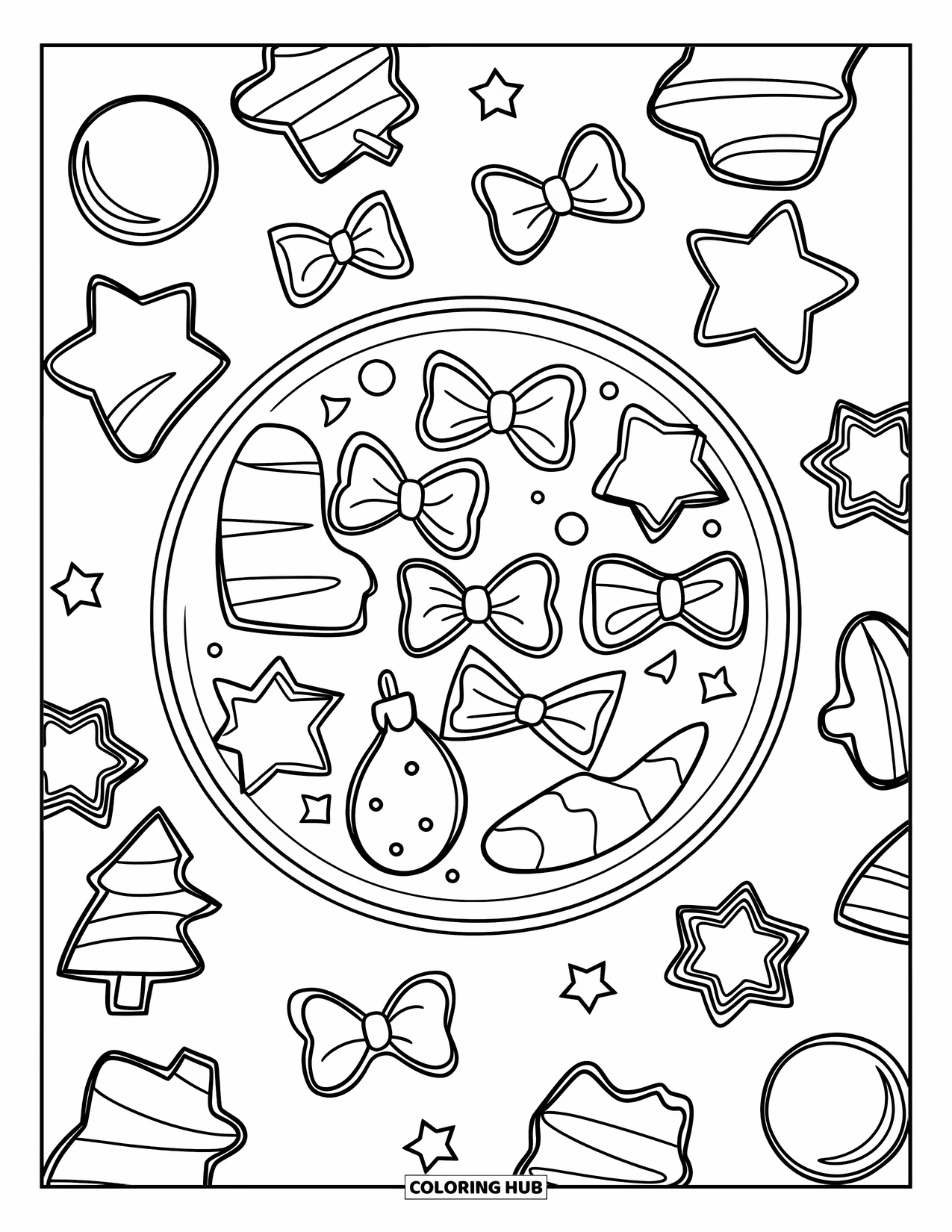 Preppy Christmas Coloring Page for Kids: Star, bow, and tree cookies fill a cheerful tray ready for sharing
