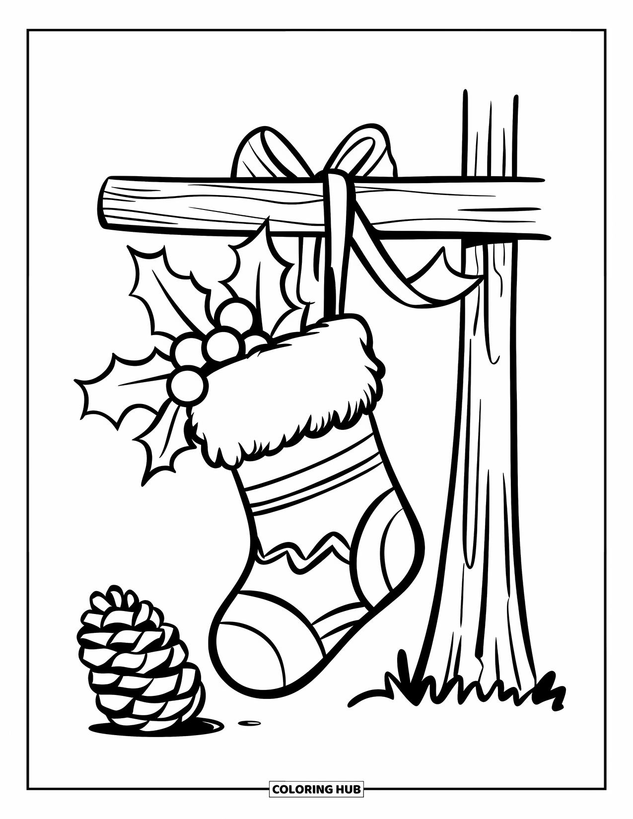 Preppy Christmas Coloring Page for Kids: Striped stocking dangles from a pole with pinecones and bows