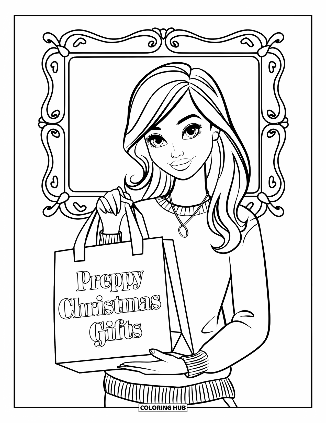 Preppy Christmas Coloring Page for Kids: Trendy girl with long hair and a gift bag poses under festive dÈcor
