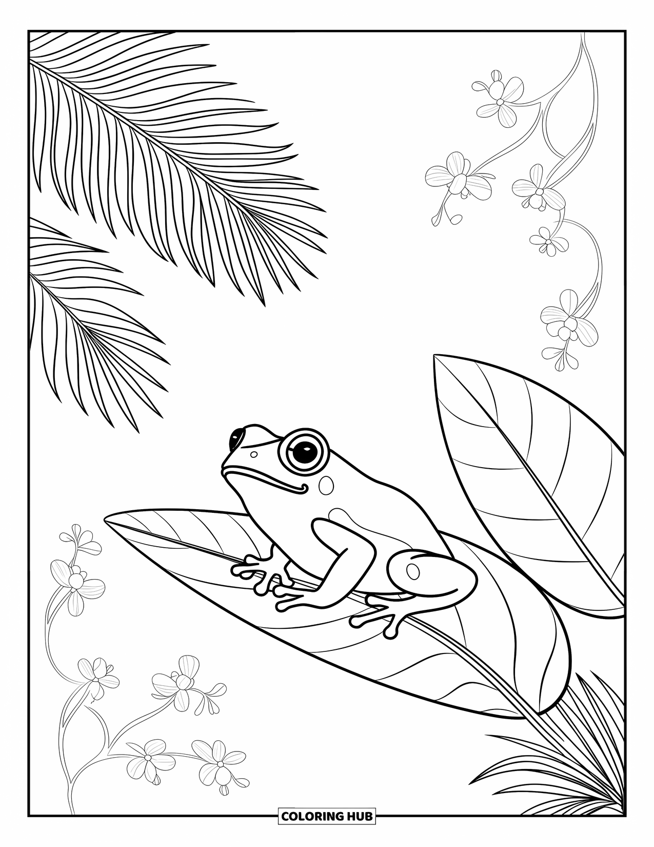Puerto Rico Coloring Page for Adults: A cheerful coquÍ frog sits among palm fronds and hanging vines