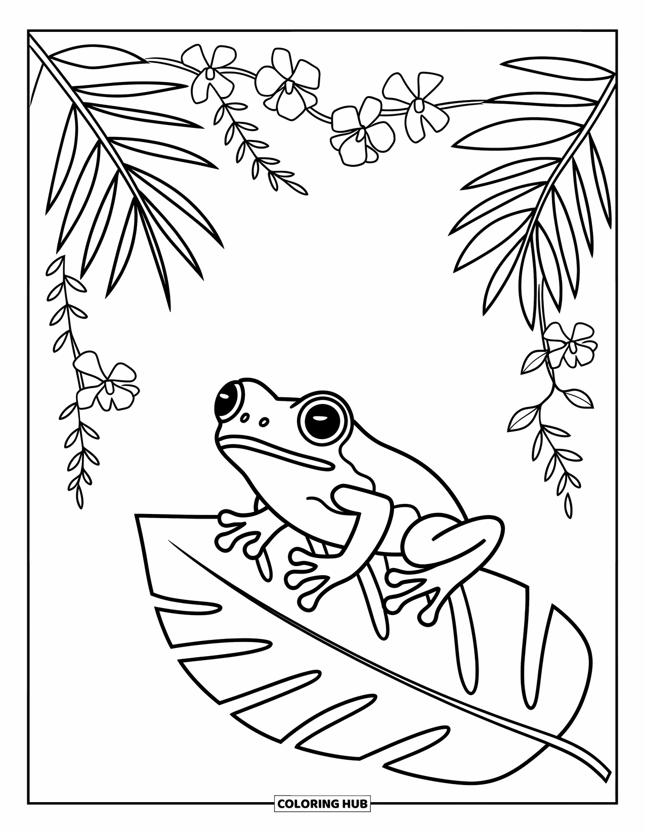 Puerto Rico Coloring Page for Adults: A cute coquÍ frog rests on a leaf surrounded by lush tropical plants